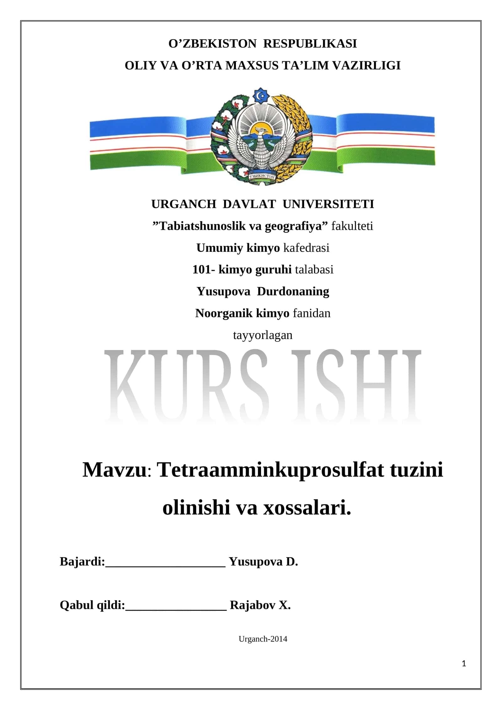 Tetraamminkuprosulfat tuzini olinishi va xossalari