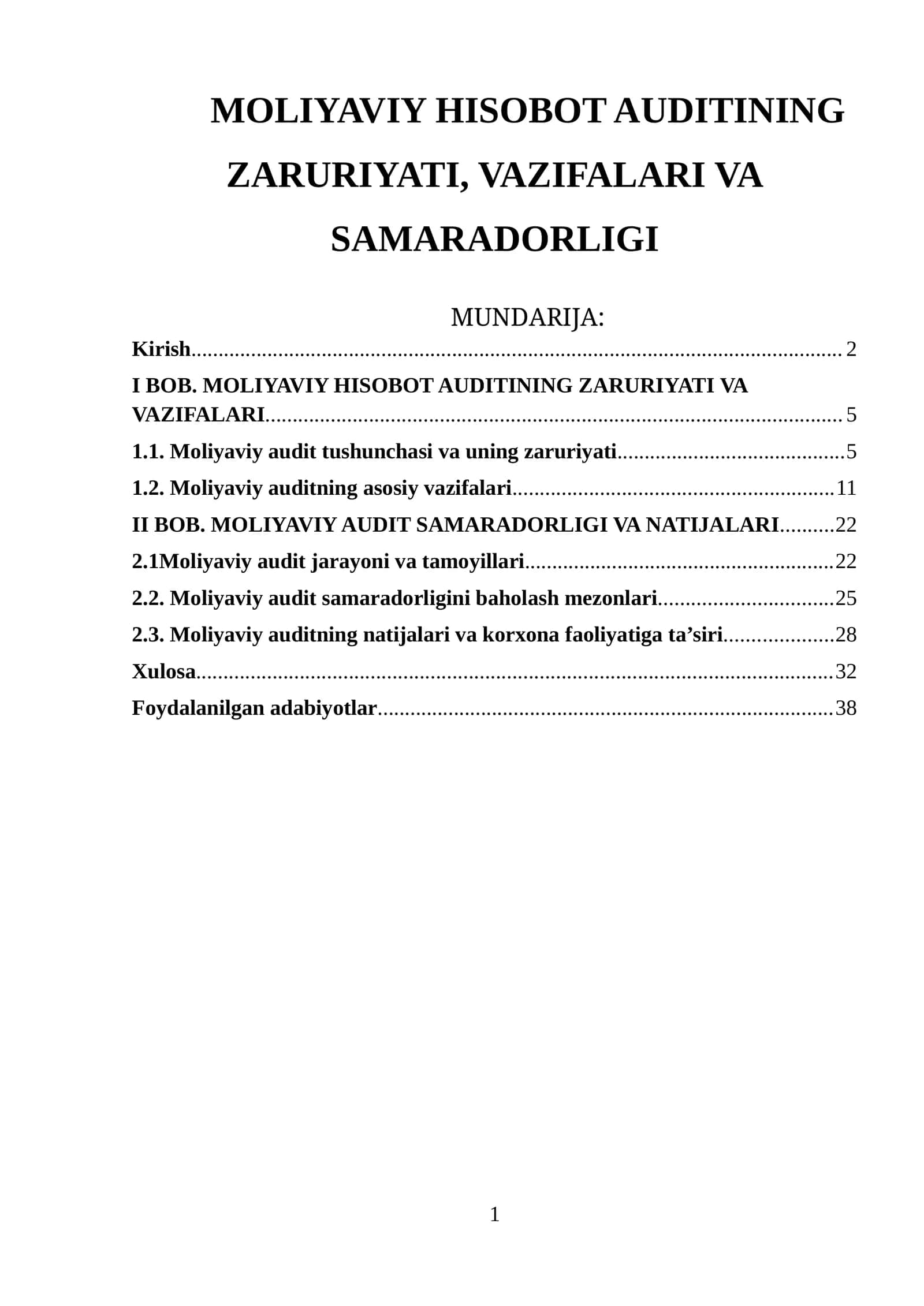 MOLIYAVIY HISOBOT AUDITINING ZARURIYATI, VAZIFALARI VA SAMARADORLIGI
