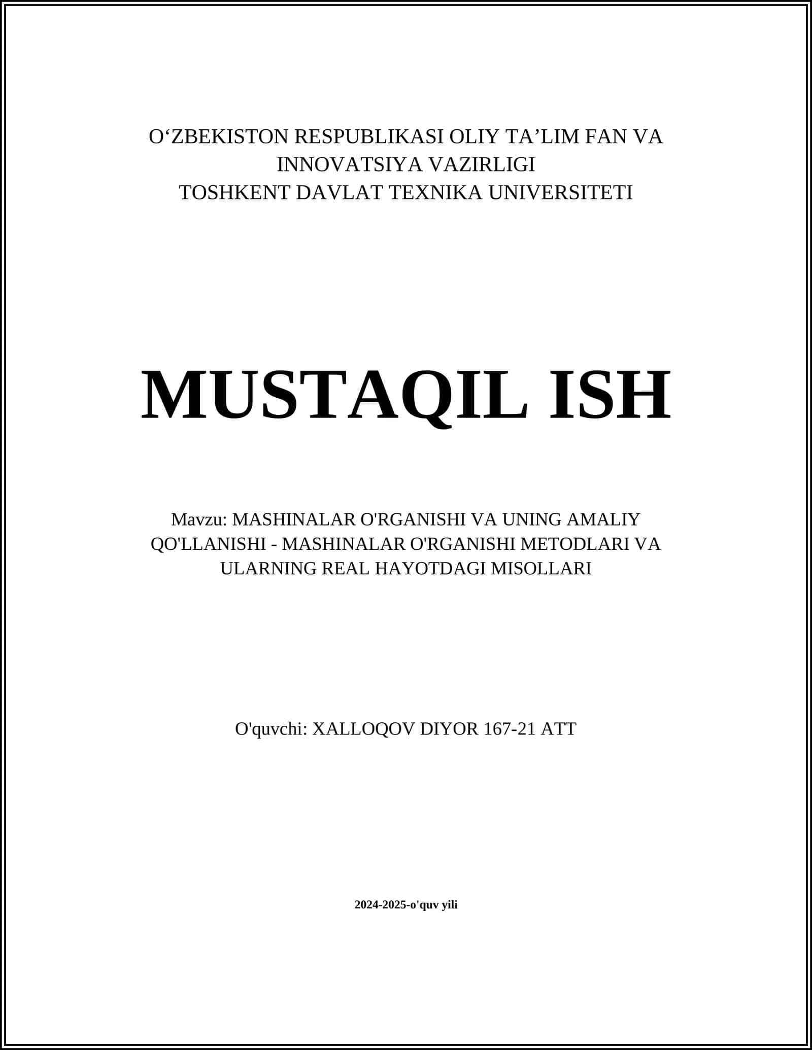 MASHINALAR O'RGANISHI VA UNING AMALIY QO'LLANISHI