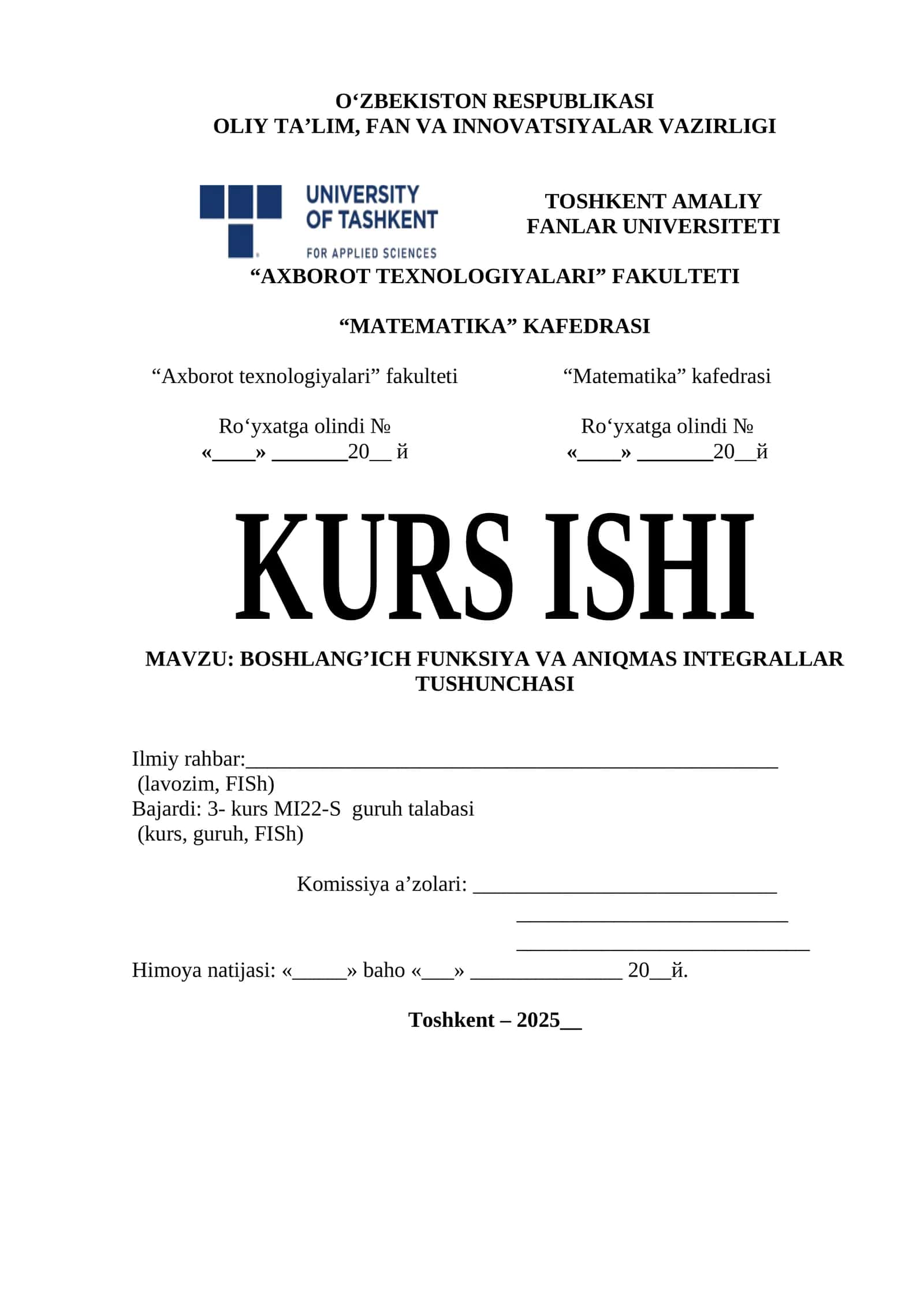 Boshlang’ich funksiya va aniqmas integrallar tushunchasi