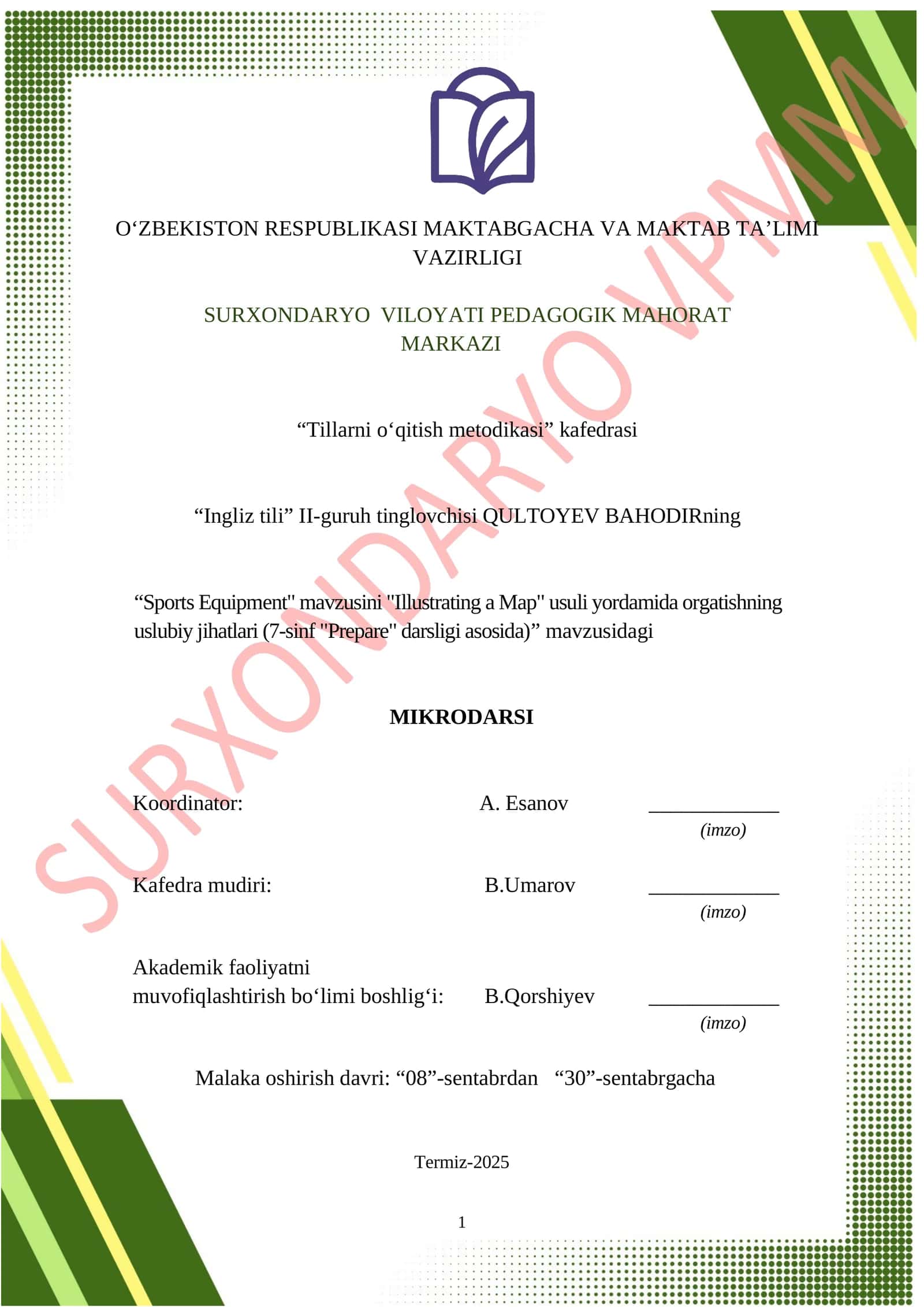 "Sports Equipment" mavzusini "Illustrating a Map" usuli yordamida orgatishning uslubiy jihatlari