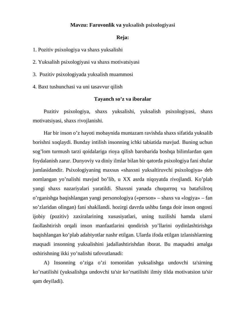 Farovonlik va yuksalish psixologiyasi