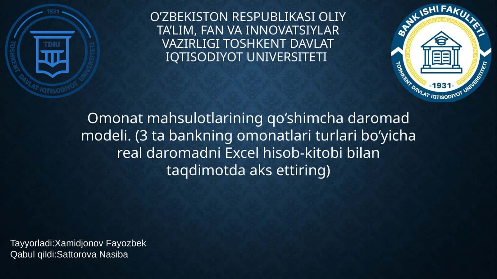 Omonat mahsulotlarining qo‘shimcha daromad modeli. (3 ta bankning omonatlari turlari bo‘yicha real daromadni Excel hisob-kitobi bilan taqdimotda aks ettiring)