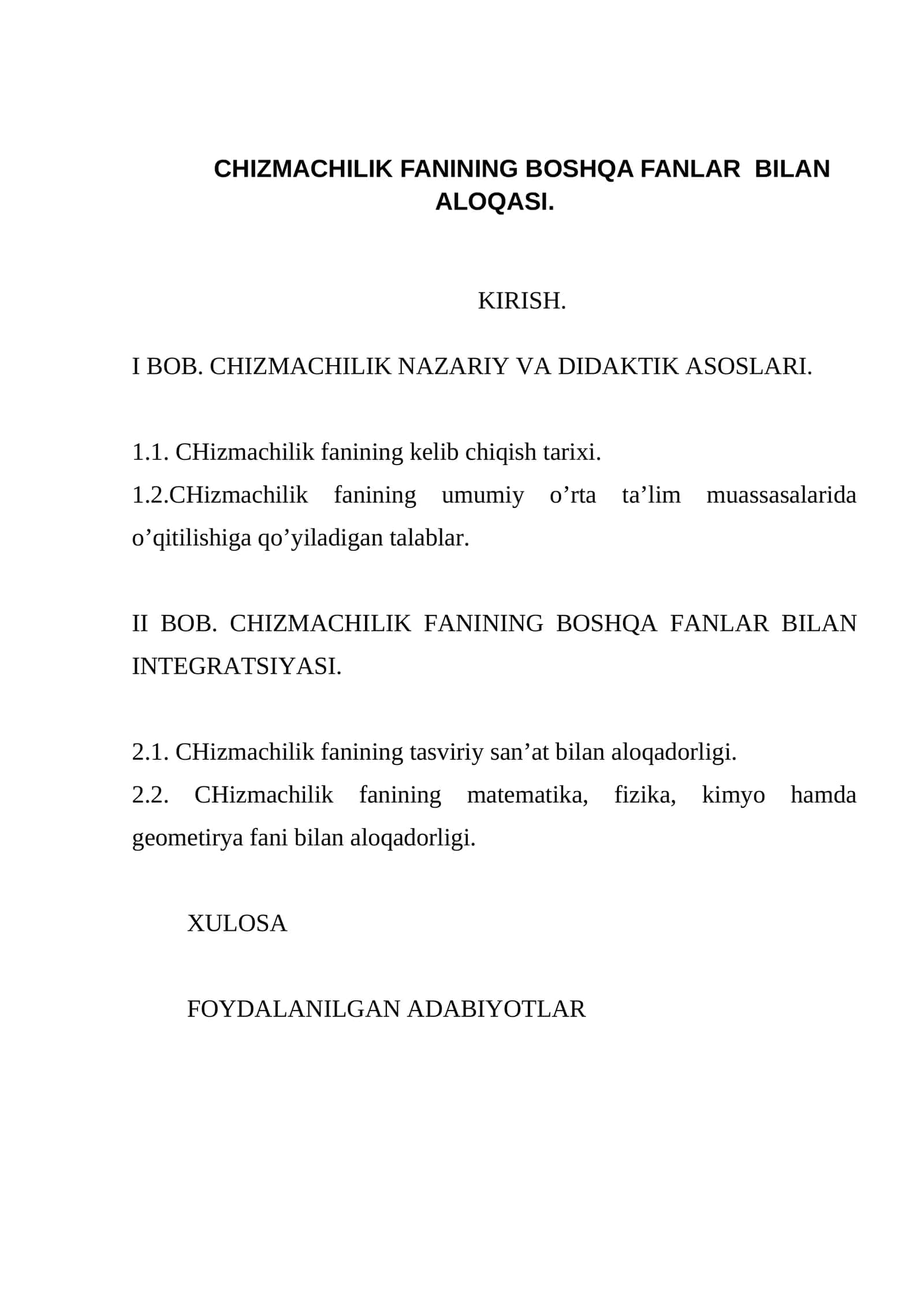 CHIZMACHILIK FANINING BOSHQA FANLAR BILAN ALOQASI
