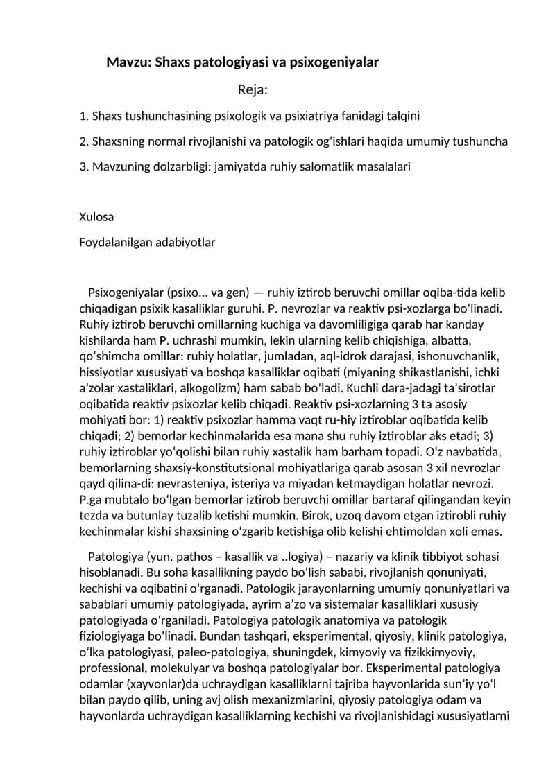 Shaxs patologiyasi va psixogeniyalar