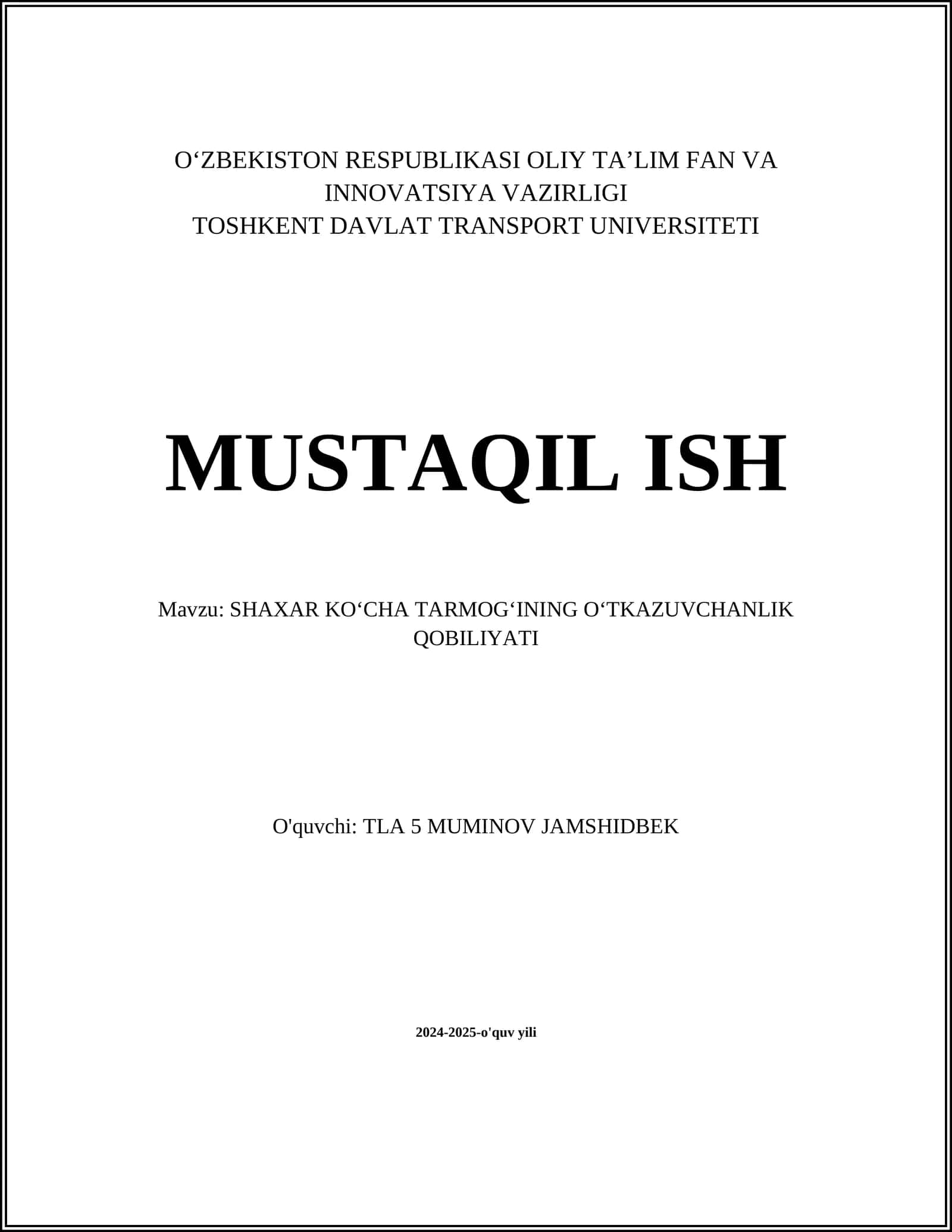 SHAXAR KOʻCHA TARMOGʻINING OʻTKAZUVCHANLIK QOBILIYATI