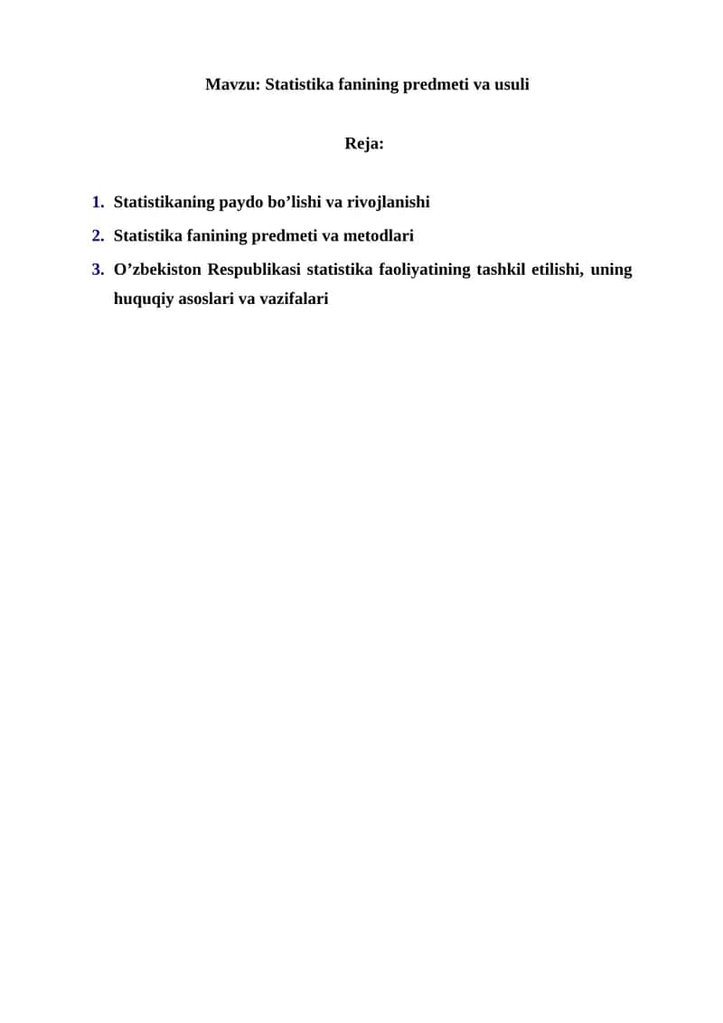 Statistika fanining predmeti va usuli