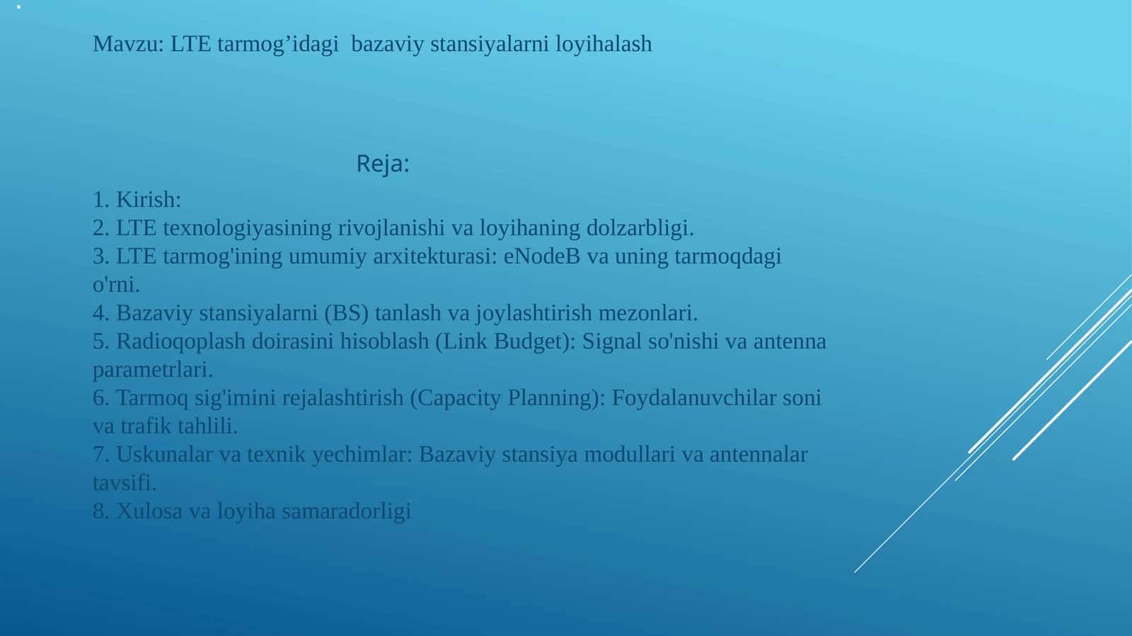 LTE tarmog'idagi bazaviy stansiyalarni loyihalash