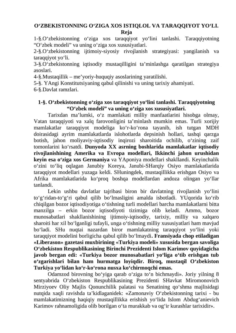 O‘ZBEKISTONNING O‘ZIGA XOS ISTIQLOL VA TARAQQIYOT YO‘LI