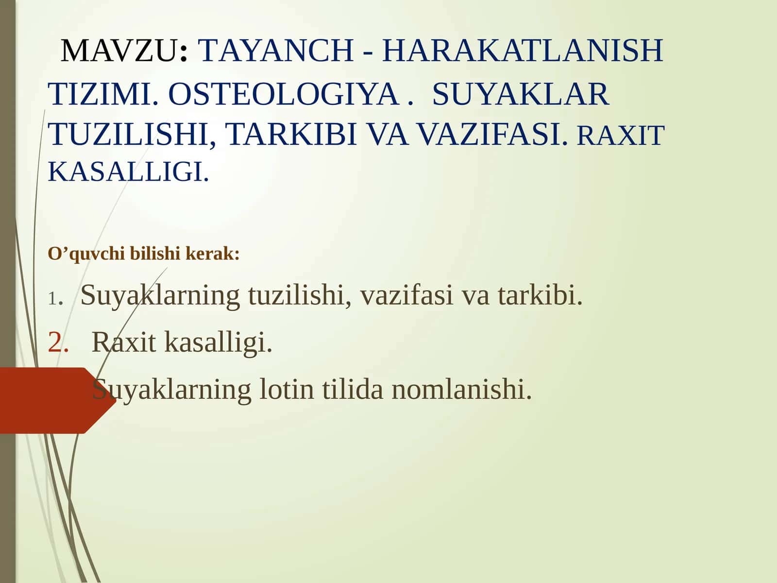 Tayanch-harakatlanishtizimi. Osteologiya.Suyaklar tuzilishi,tarkibi va vazifasi.Raxit kasalligi