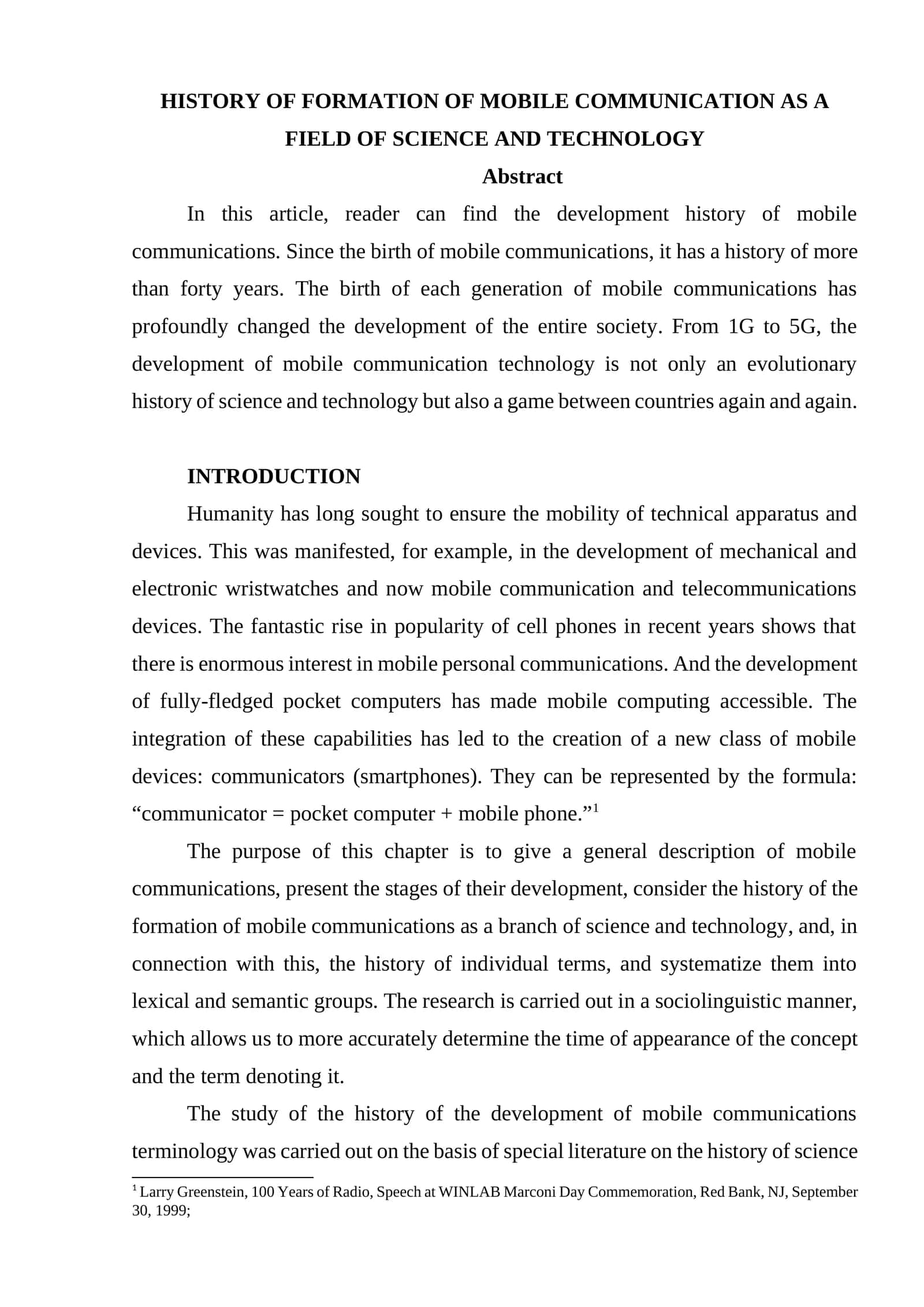 HISTORY OF FORMATION OF MOBILE COMMUNICATION AS A FIELD OF SCIENCE AND TECHNOLOGY