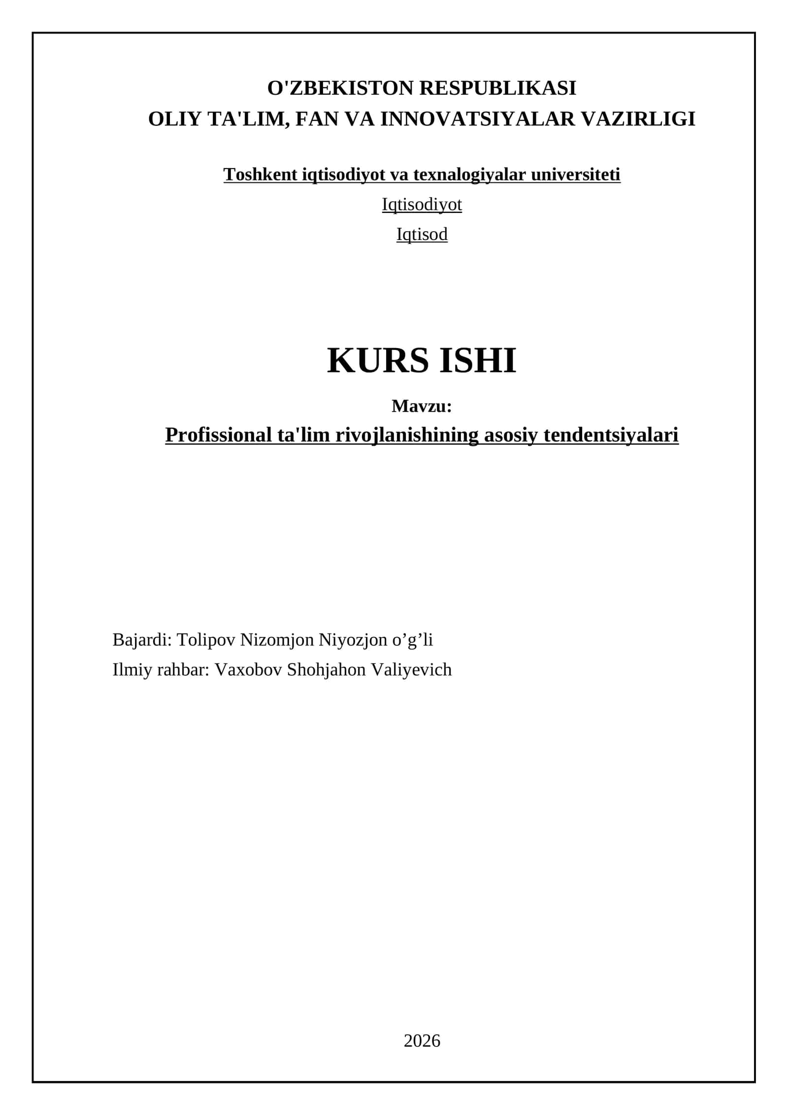 Profissional ta'lim rivojlanishining asosiy tendentsiyalari