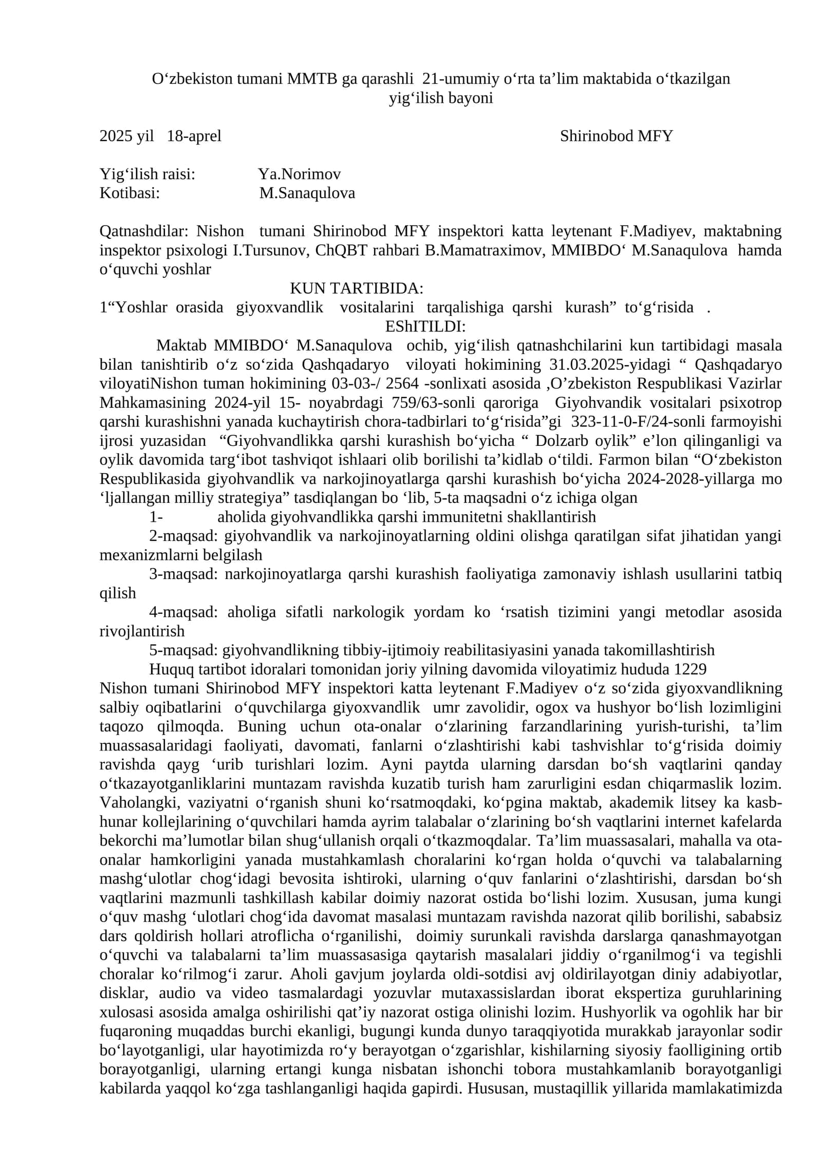 Yoshlar orasida giyoxvandlik vositalarini tarqalishiga qarshi kurash