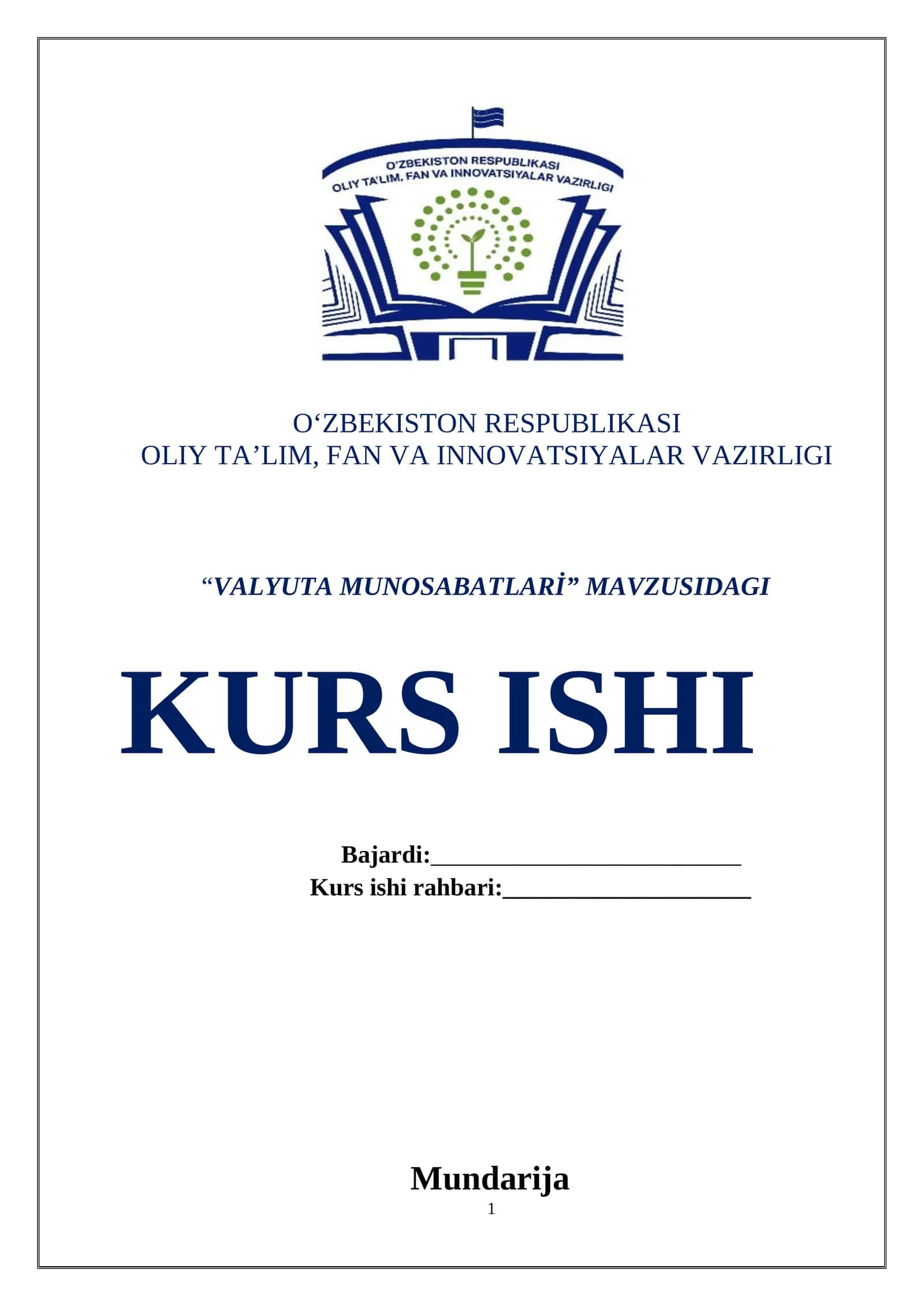 VALYUTA MUNOSABATLARİ KURS ISHI