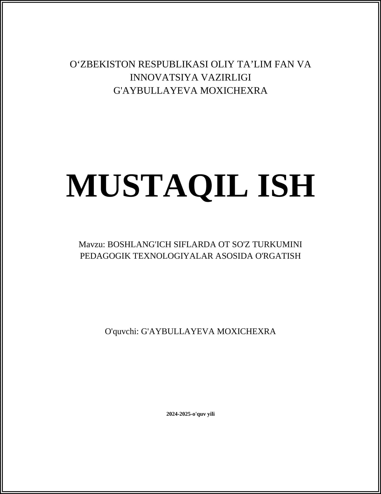 Boshlang'ich Siflarda Ot So'z Turkumini Interaktiv Metodlar Orqali O'rgatish