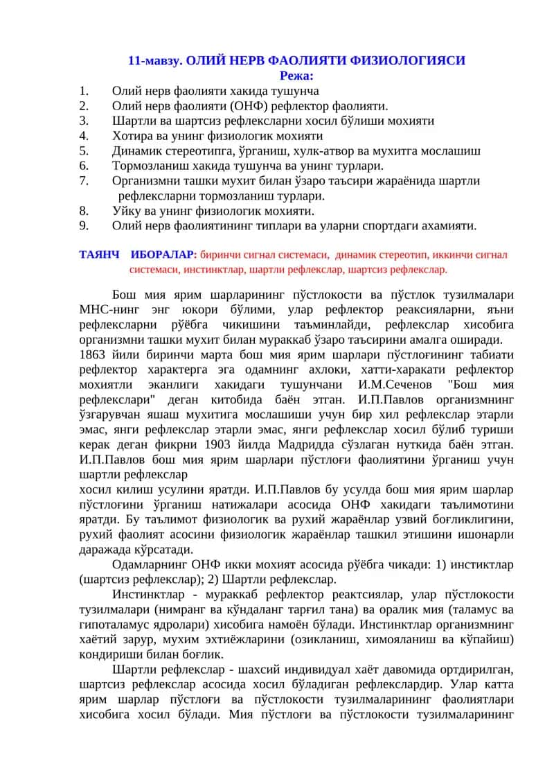 ОЛИЙ НЕРВ ФАОЛИЯТИ ФИЗИОЛОГИЯСИ