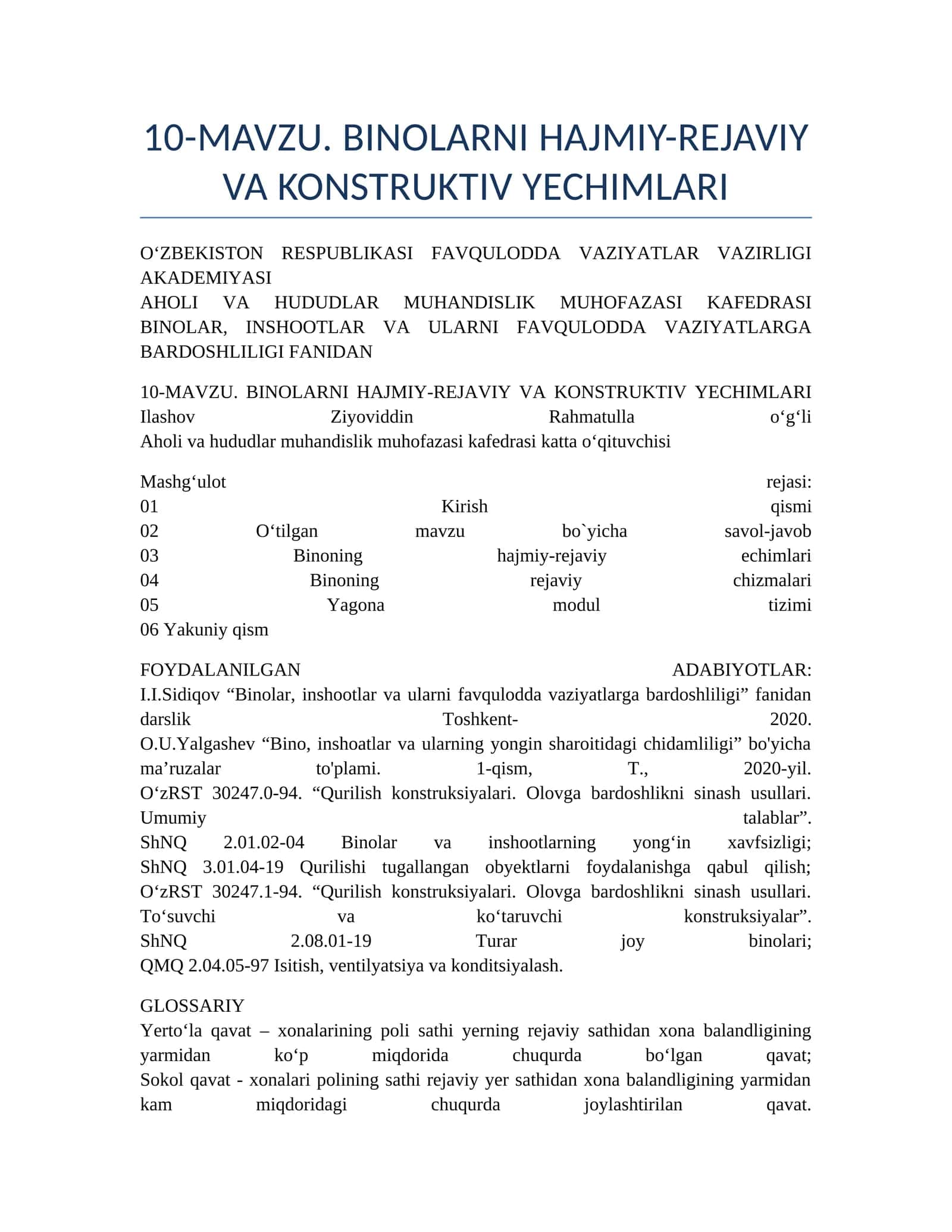 BINOLARNI HAJMIY-REJAVIY VA KONSTRUKTIV YECHIMLARI