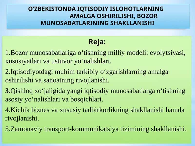 О‘ZBEKISTONDA IQTISODIY ISLOHOTLARNING AMALGA OSHIRILISHI, BOZOR MUNOSABATLARINING SHAKLLANISHI