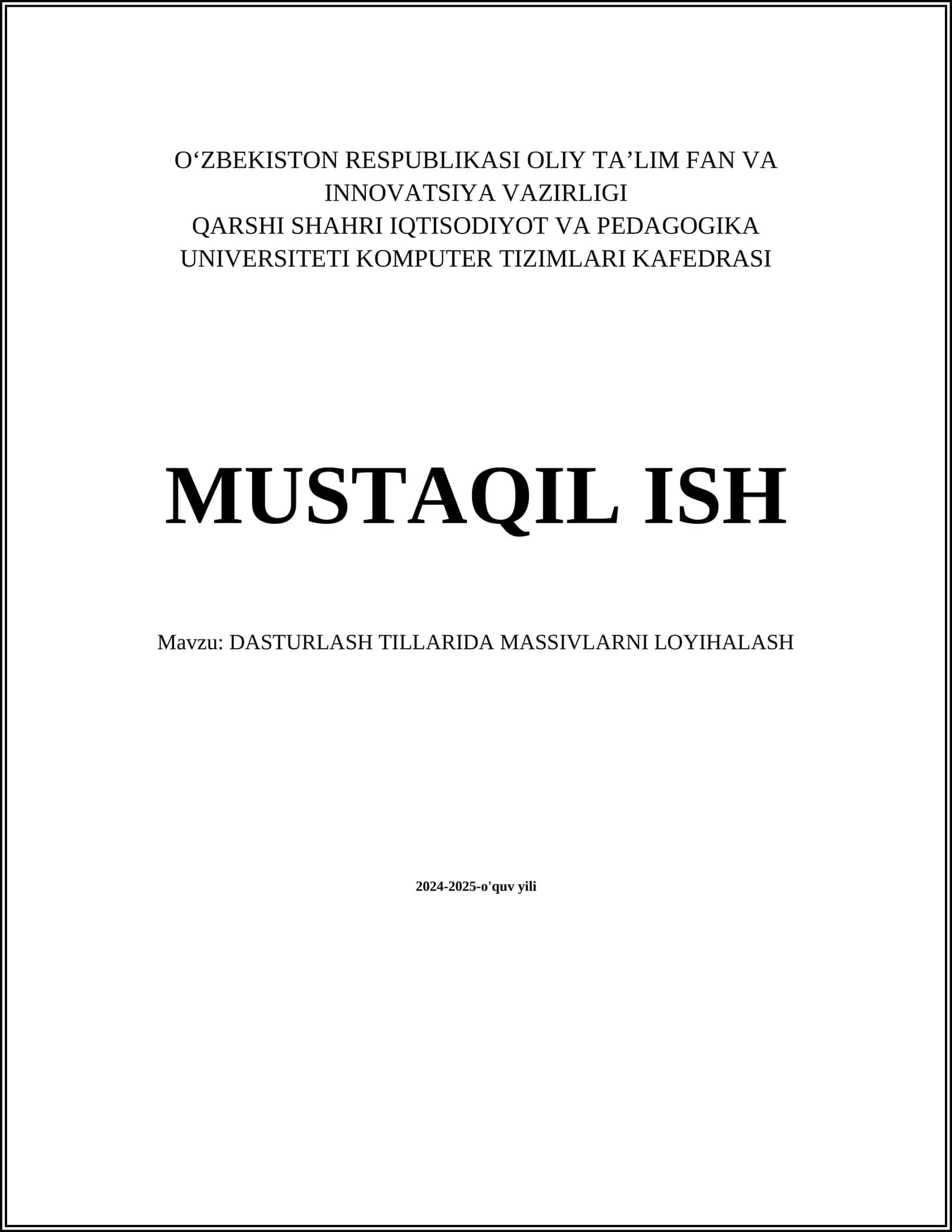 MASSIVLARNI LOYIHALASH