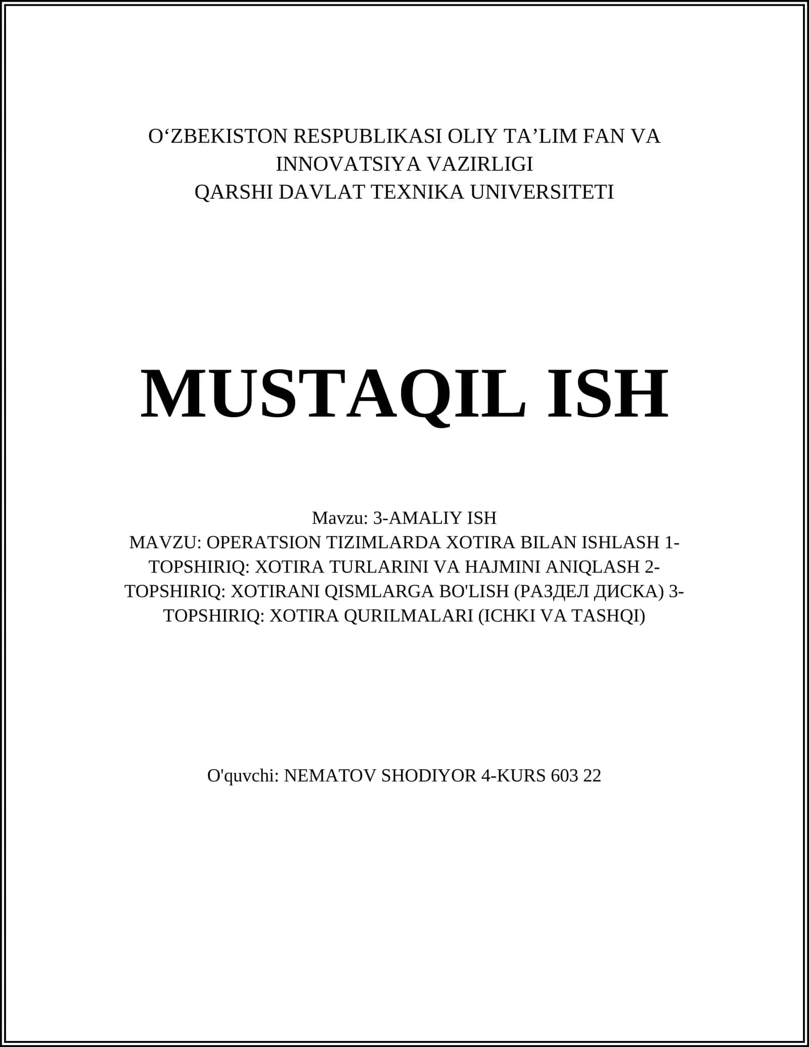 OPERATSION TIZIMLARDA XOTIRA BILAN ISHLASH