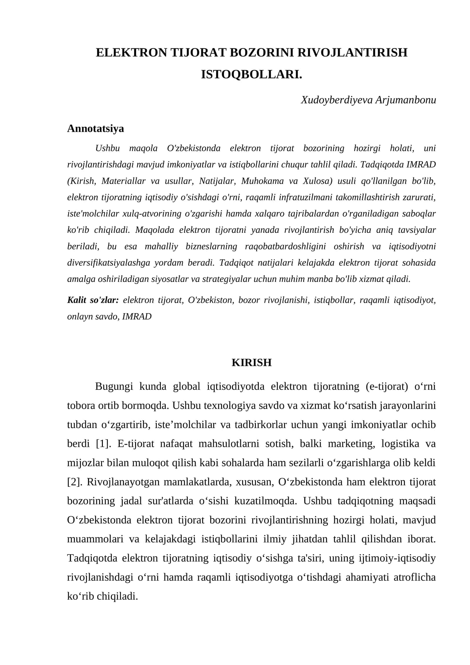 ELEKTRON TIJORAT BOZORINI RIVOJLANTIRISH ISTOQBOLLARI