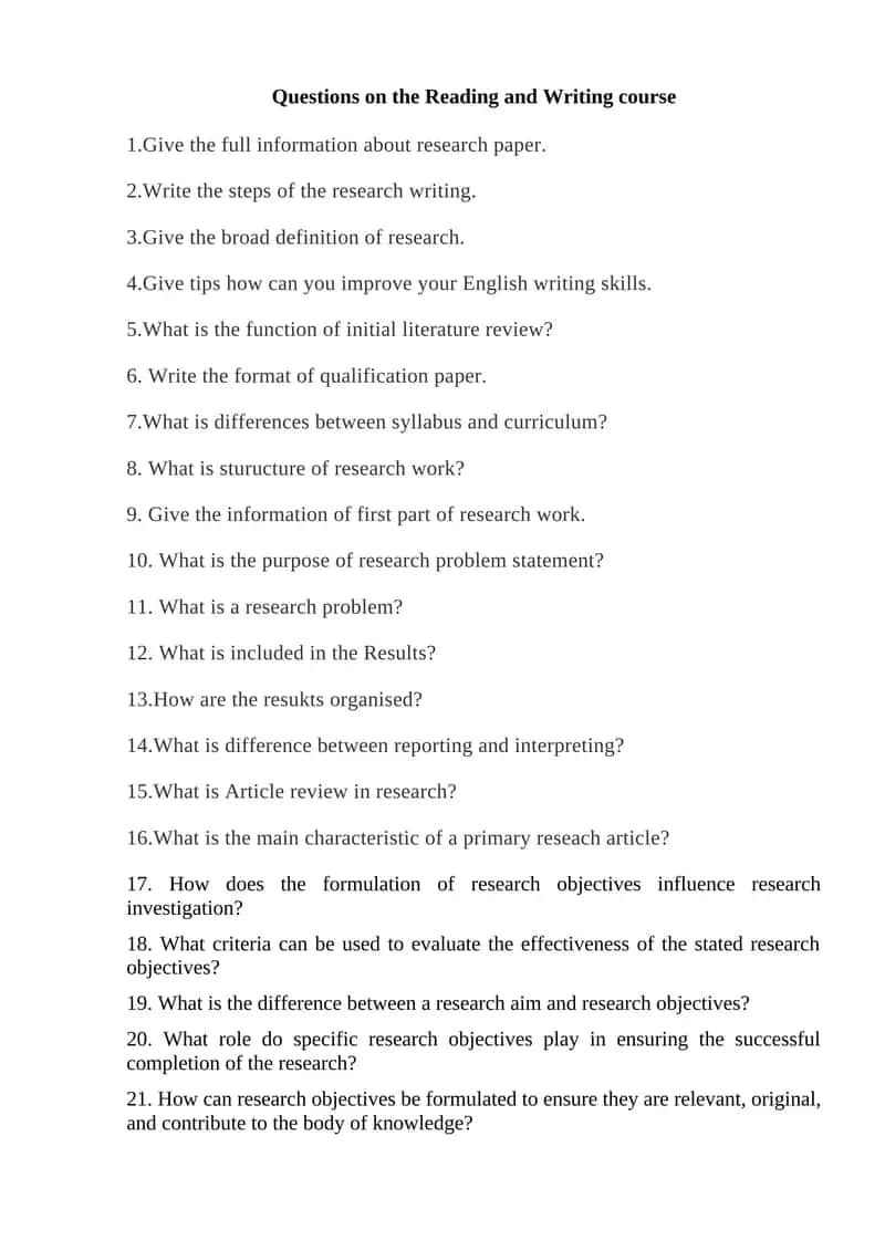 Questions on the Reading and Writing course
