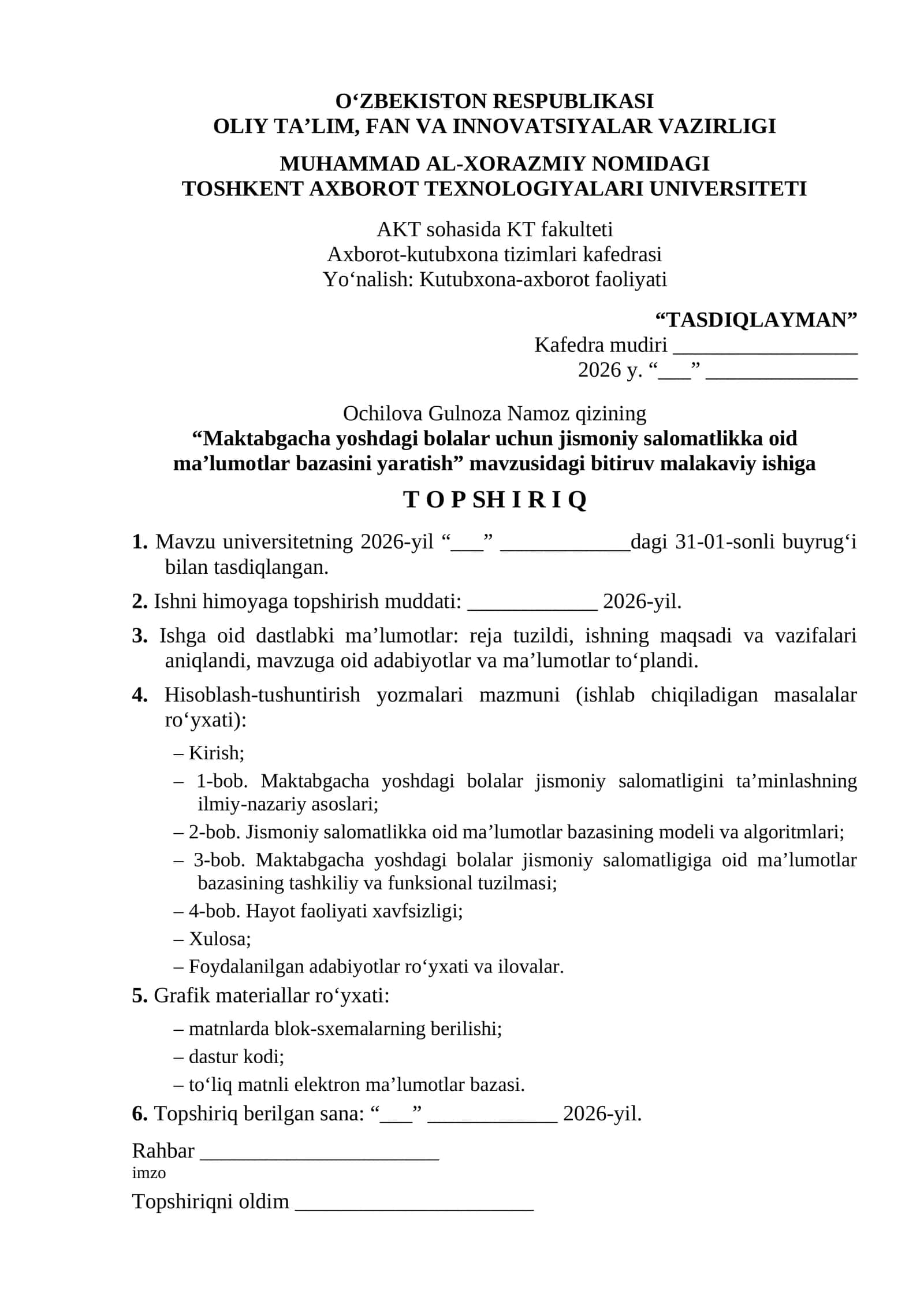 "Maktabgacha yoshdagi bolalar uchun jismoniy salomatlikka oid maʼlumotlar bazasini yaratish" malakaviy ishi