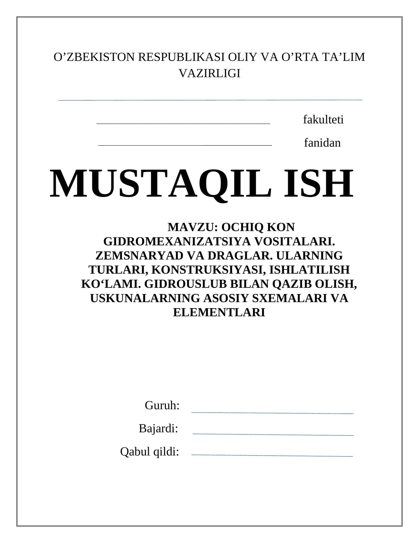MAVZU: OCHIQ KON GIDROMEXANIZATSIYA VOSITALARI. ZEMSNARYAD VA DRAGLAR. ULARNING TURLARI, KONSTRUKSIYASI, ISHLATILISH KO‘LAMI. GIDROUSLUB BILAN QAZIB OLISH, USKUNALARNING ASOSIY SXEMALARI VA ELEMENTLARI