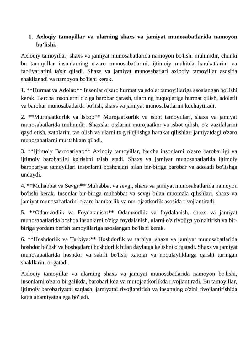 Axloqiy tamoyillar va ularning shaxs va jamiyat munosabatlarida namoyon bo’lishi