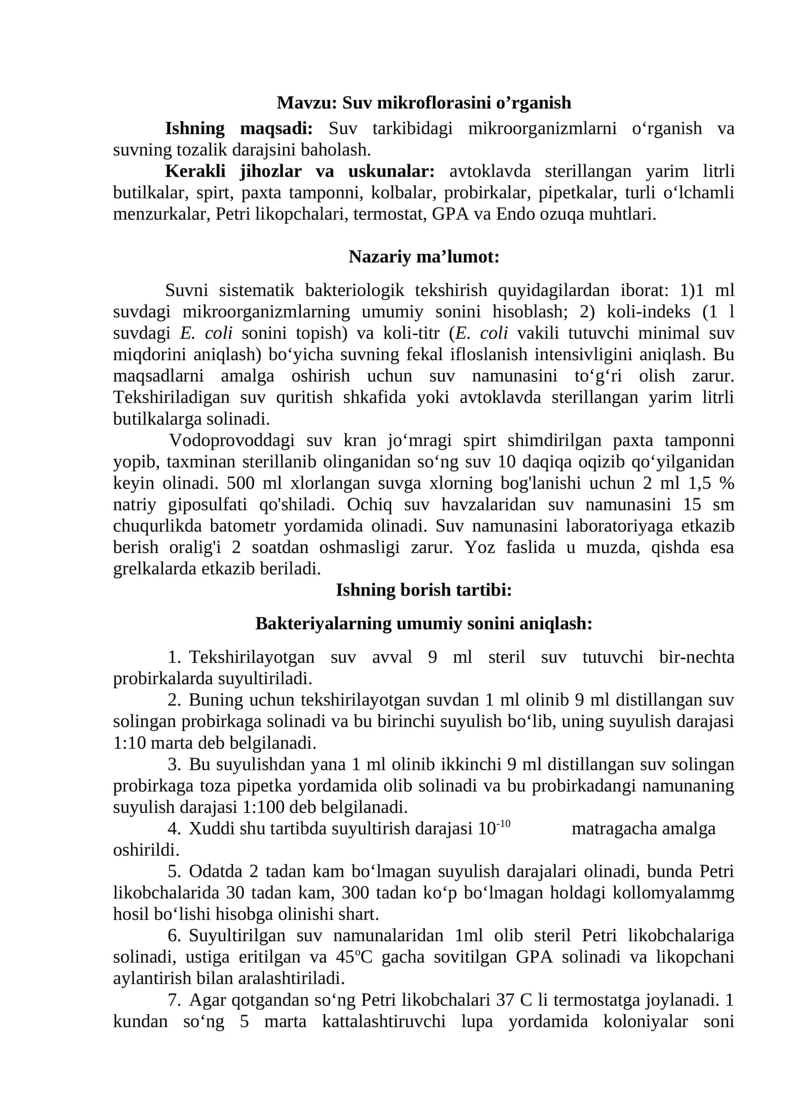 Suv mikroflorasini o’rganish
