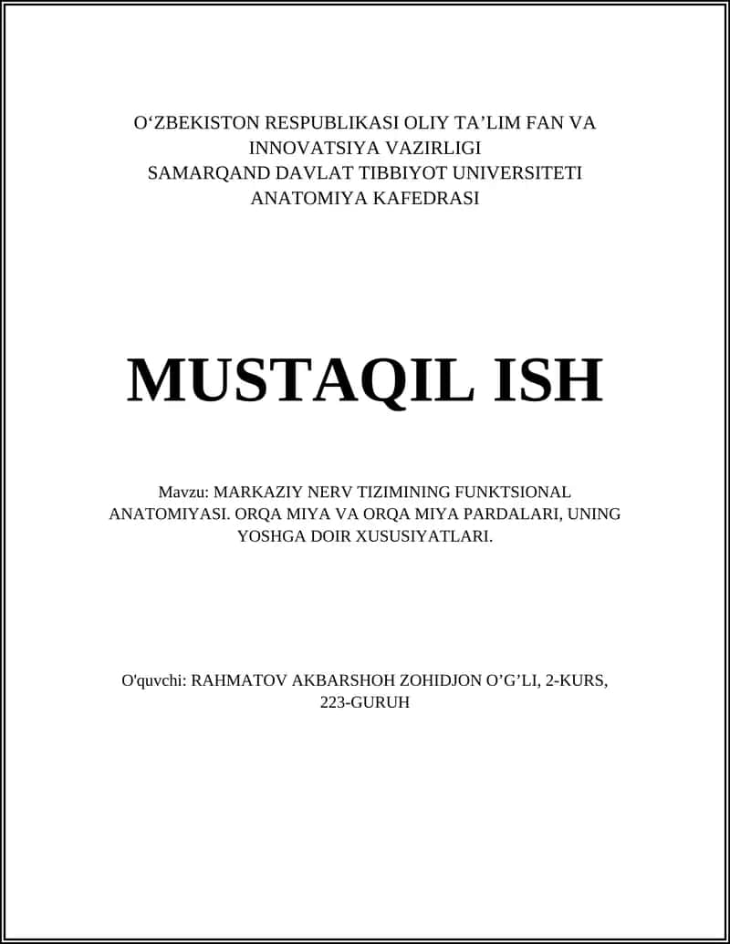 MARKAZIY NERV TIZIMINING FUNKTSIONAL ANATOMIYASI