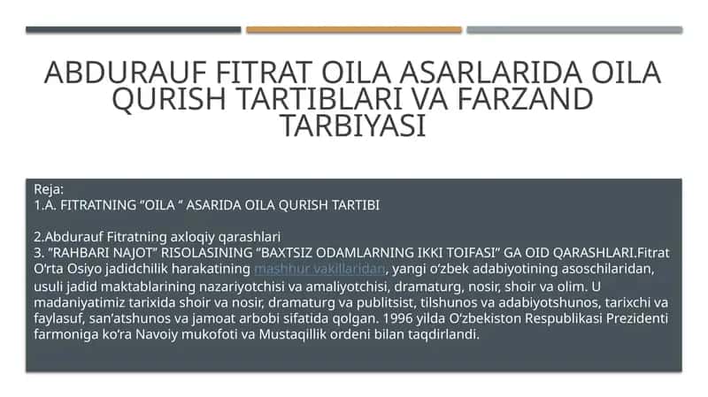 Abdurauf Fitratning Oila Tarbiyasi