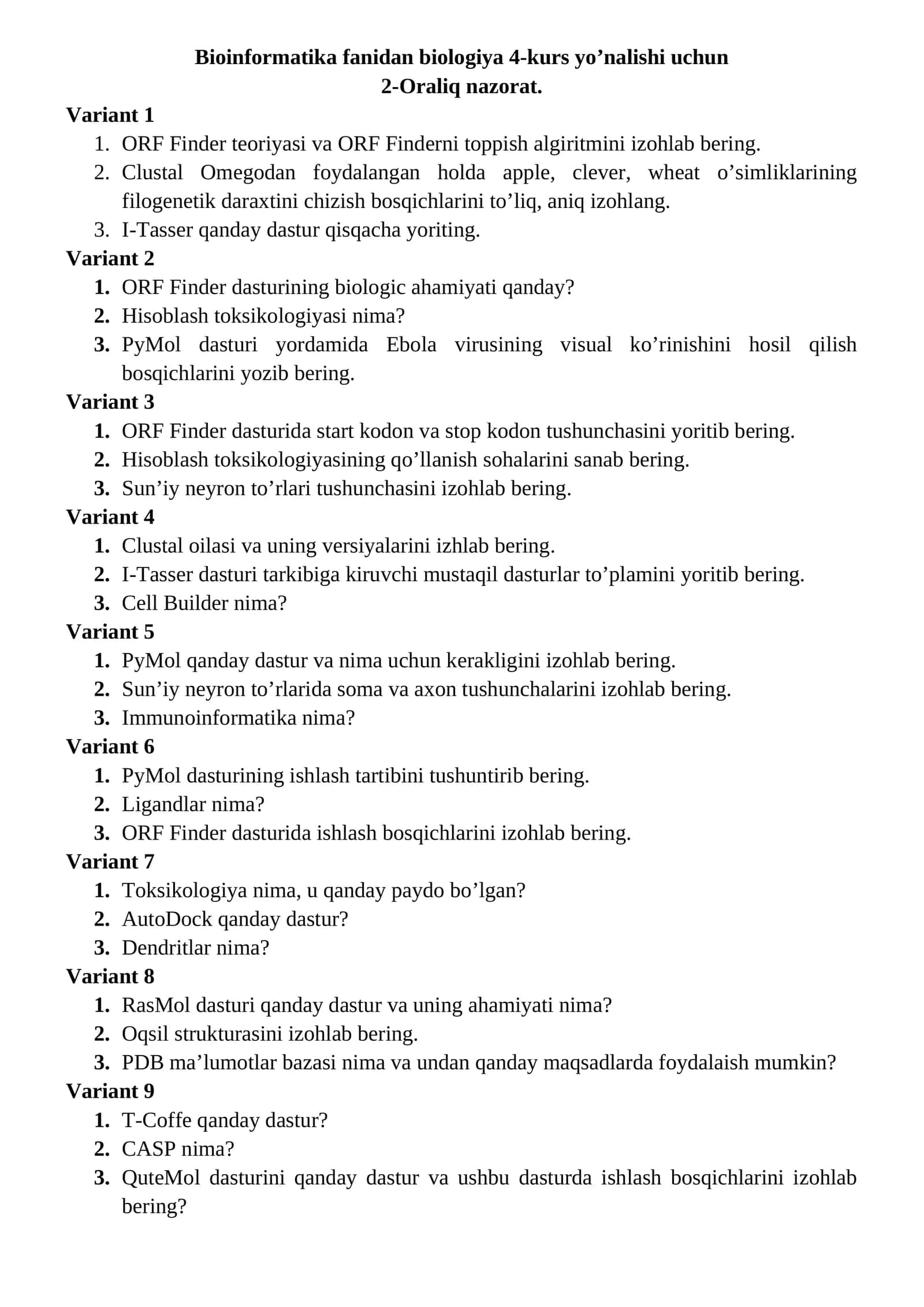 Bioinformatika fanidan biologiya 4-kurs yo’nalishi uchun