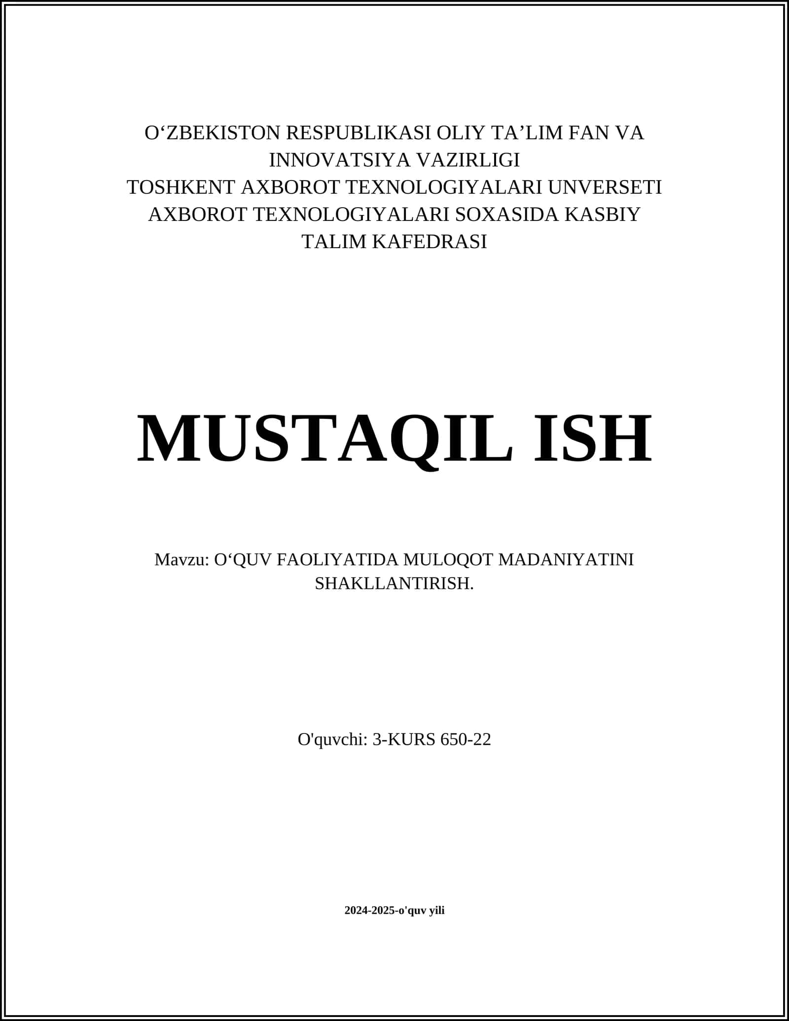 O‘QUV FAOLIYATIDA MULOQOT MADANIYATINI SHAKLLANTIRISH