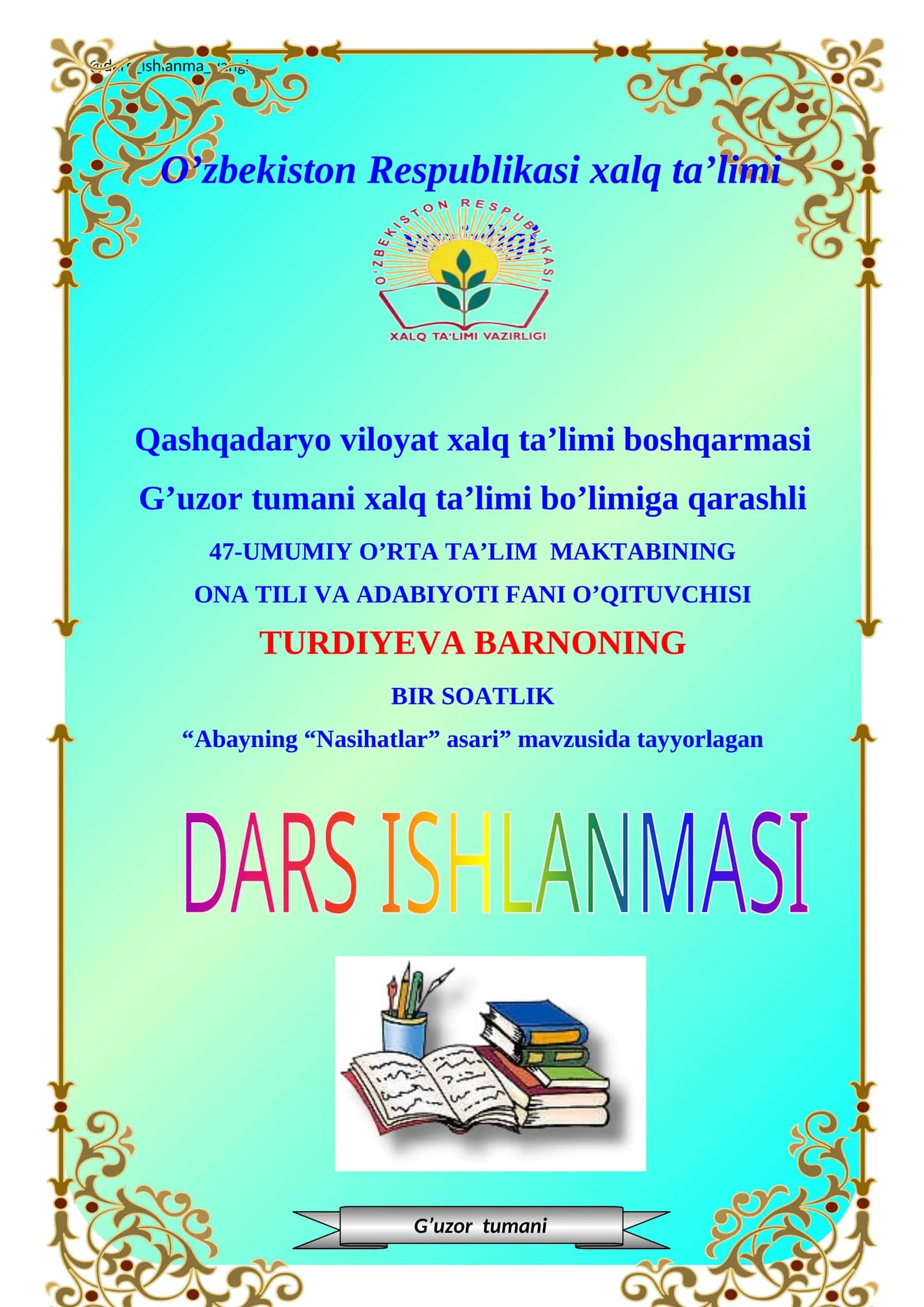 Abayning “Nasihatlar” asari DARS ISHLANMASI
