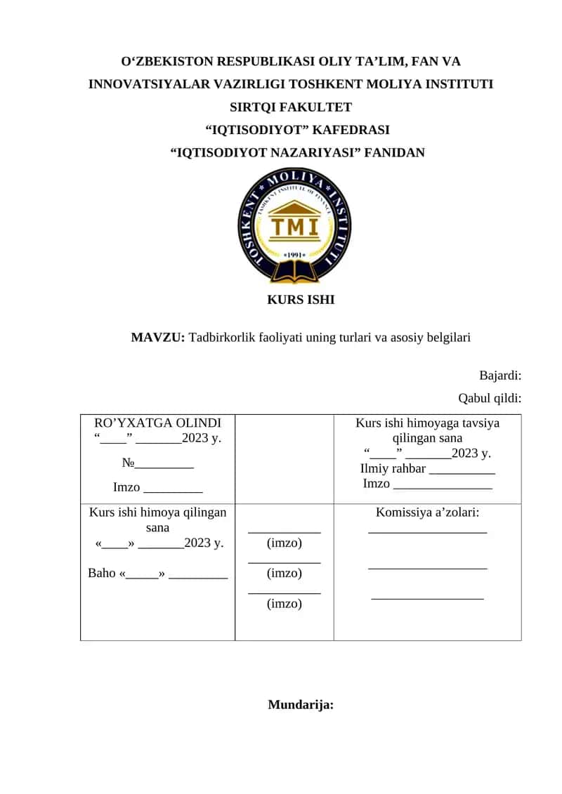 Tadbirkorlik faoliyati uning turlari va asosiy belgilari