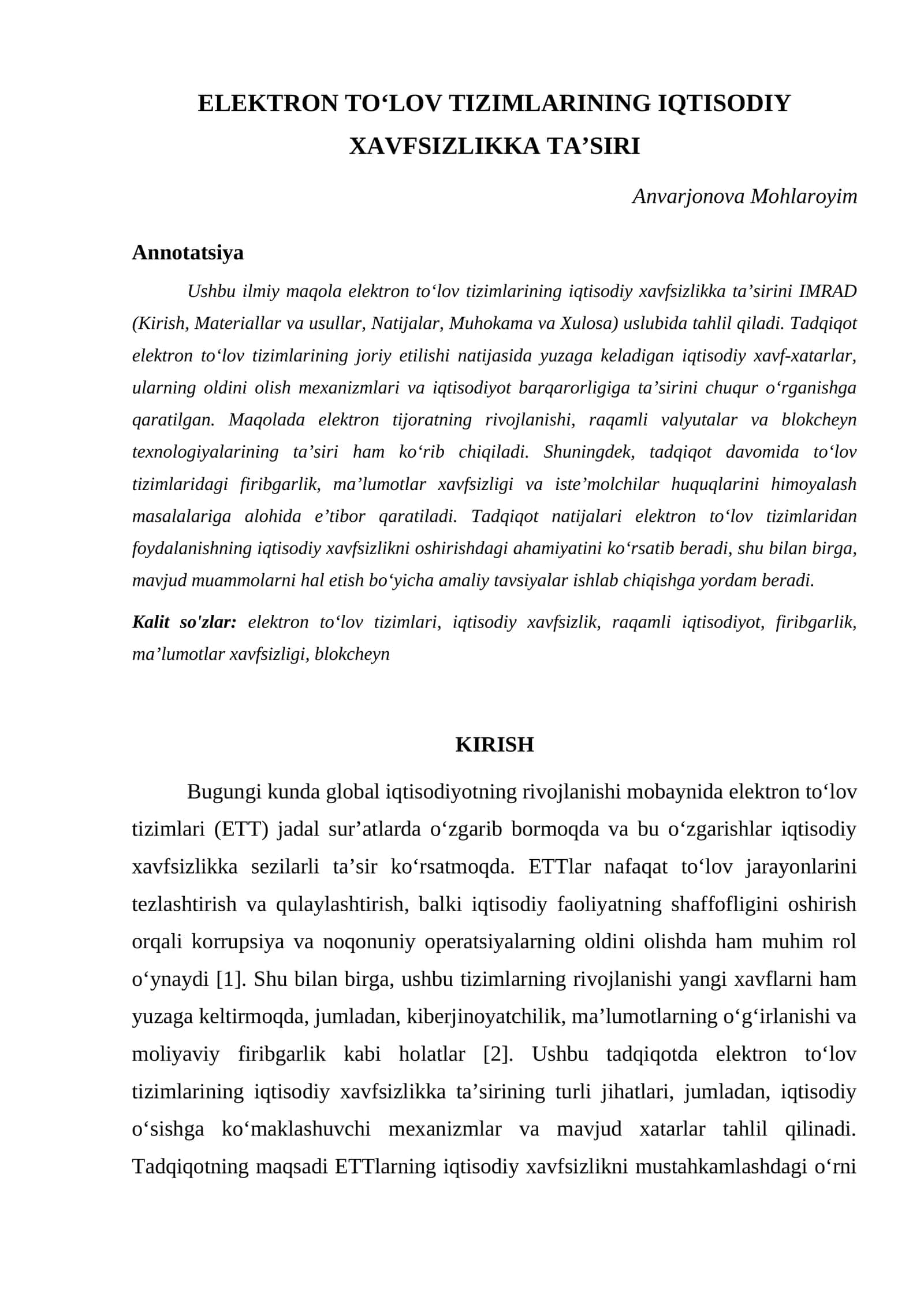 ELEKTRON TOʻLOV TIZIMLARINING IQTISODIY XAVFSIZLIKKA TAʼSIRI