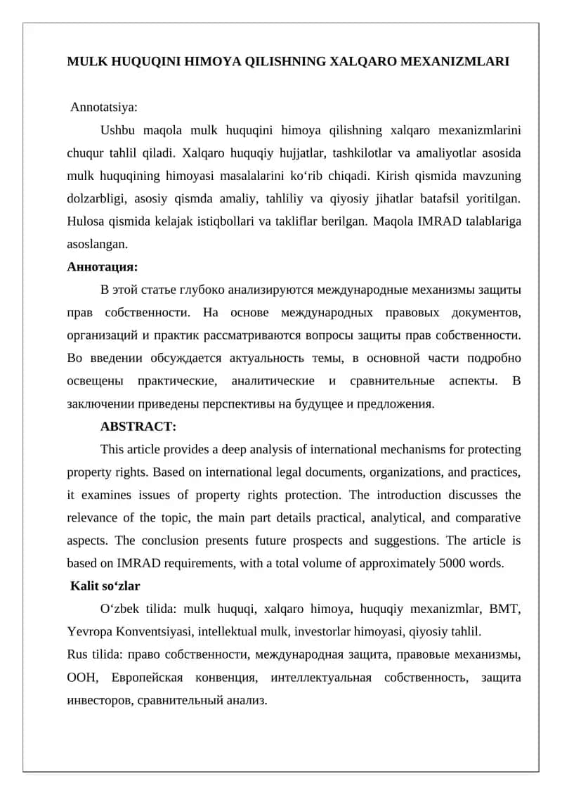 MULK HUQUQINI HIMOYA QILISHNING XALQARO MEXANIZMLARI
