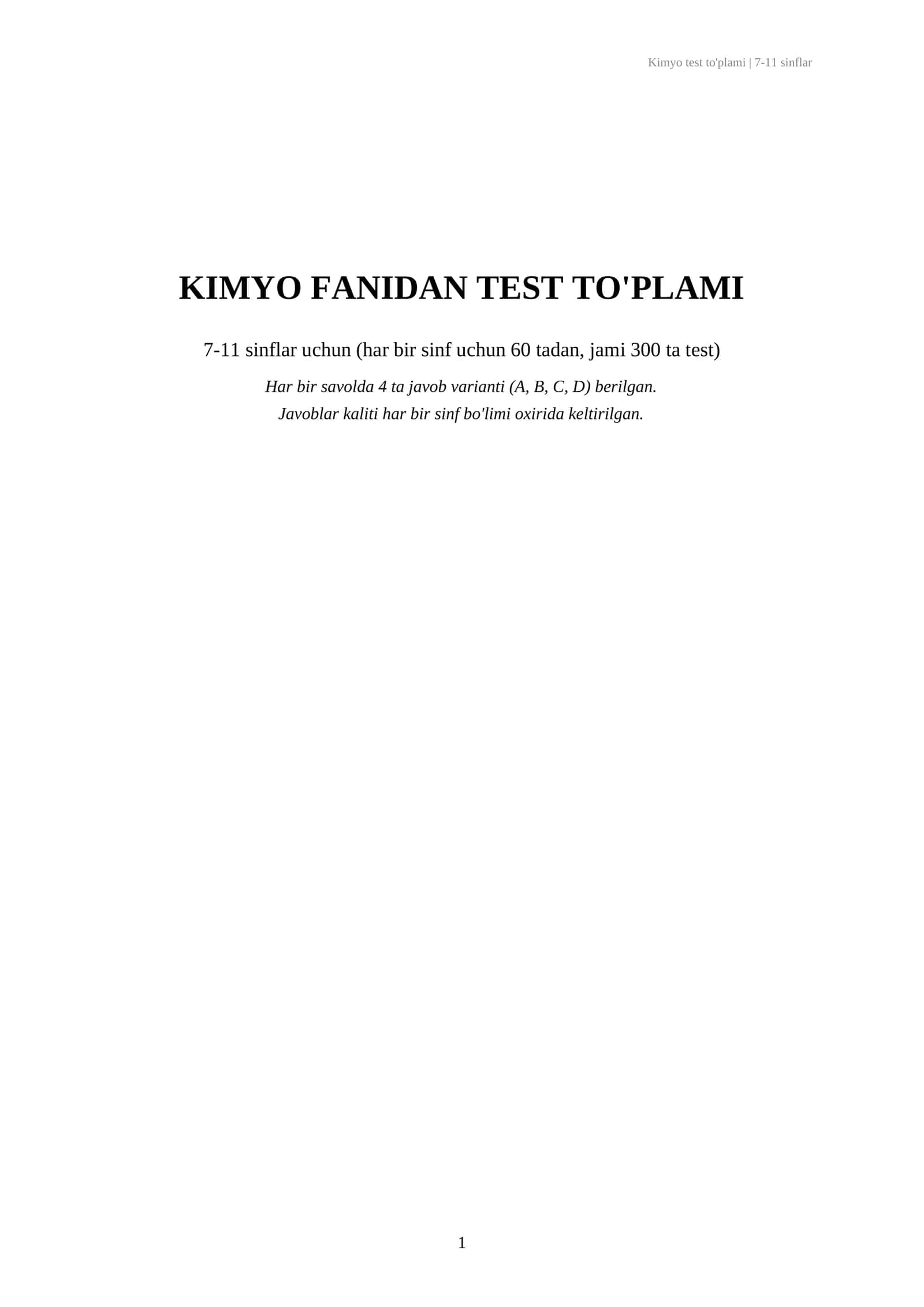 Kimyo fanidan test 7-11 sinflar