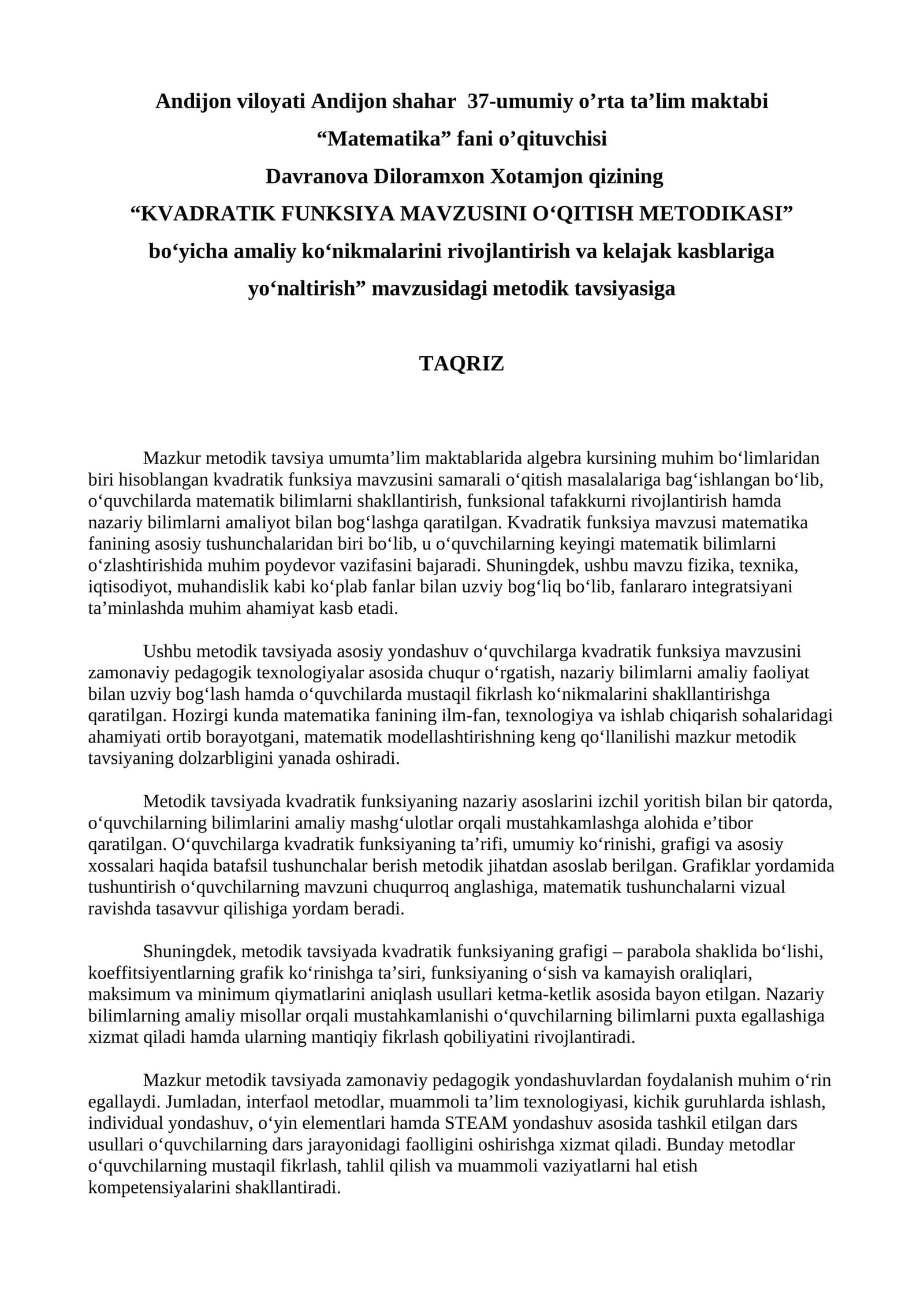 KVADRATIK FUNKSIYA MAVZUSINI O‘QITISH METODIKASI