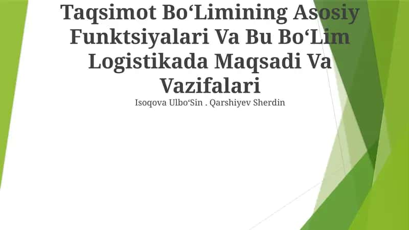 Taqsimot BoʻLimining Asosiy Funktsiyalari Va Bu BoʻLim Logistikada Maqsadi Va Vazifalari