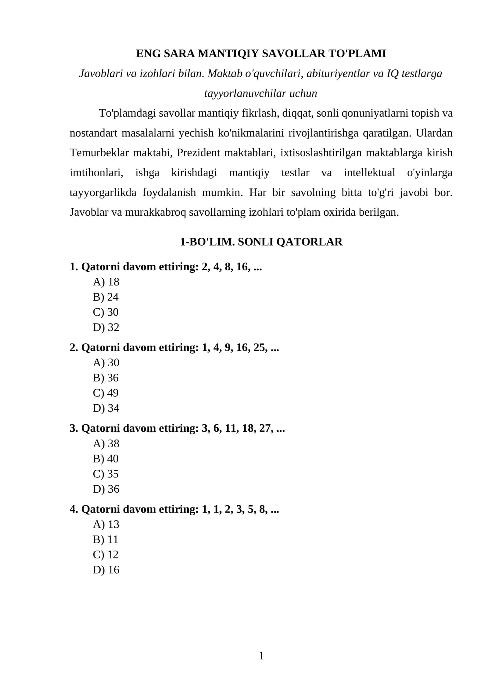 ENG SARA MANTIQIY SAVOLLAR TO'PLAMI