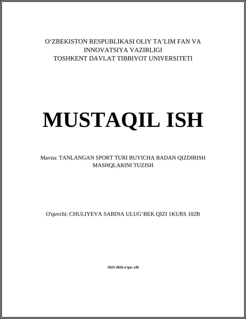 TANLANGAN SPORT TURI BUYICHA BADAN QIZDIRISH MASHQLARINI TUZISH