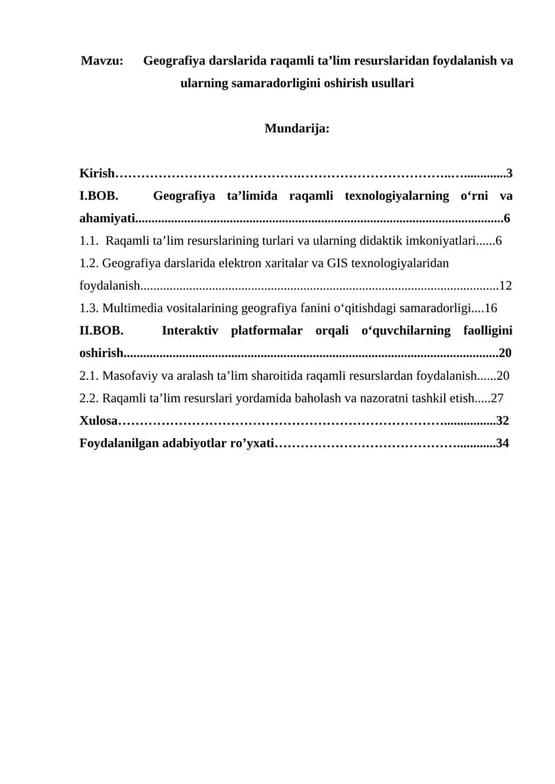 Geografiya darslarida raqamli ta’lim resurslaridan foydalanish va ularning samaradorligini oshirish usullari