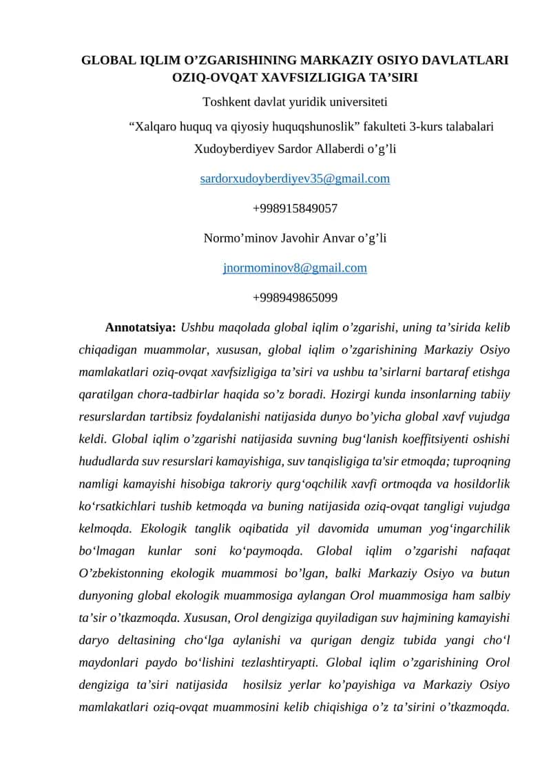 GLOBAL IQLIM O’ZGARISHINING MARKAZIY OSIYO DAVLATLARI OZIQ-OVQAT XAVFSIZLIGIGA TA’SIRI