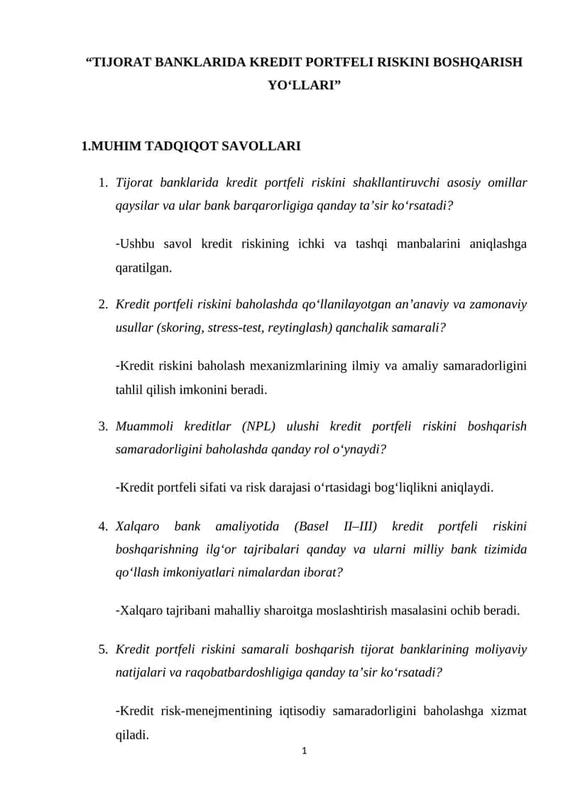 TIJORAT BANKLARIDA KREDIT PORTFELI RISKINI BOSHQARISH YO‘LLARI