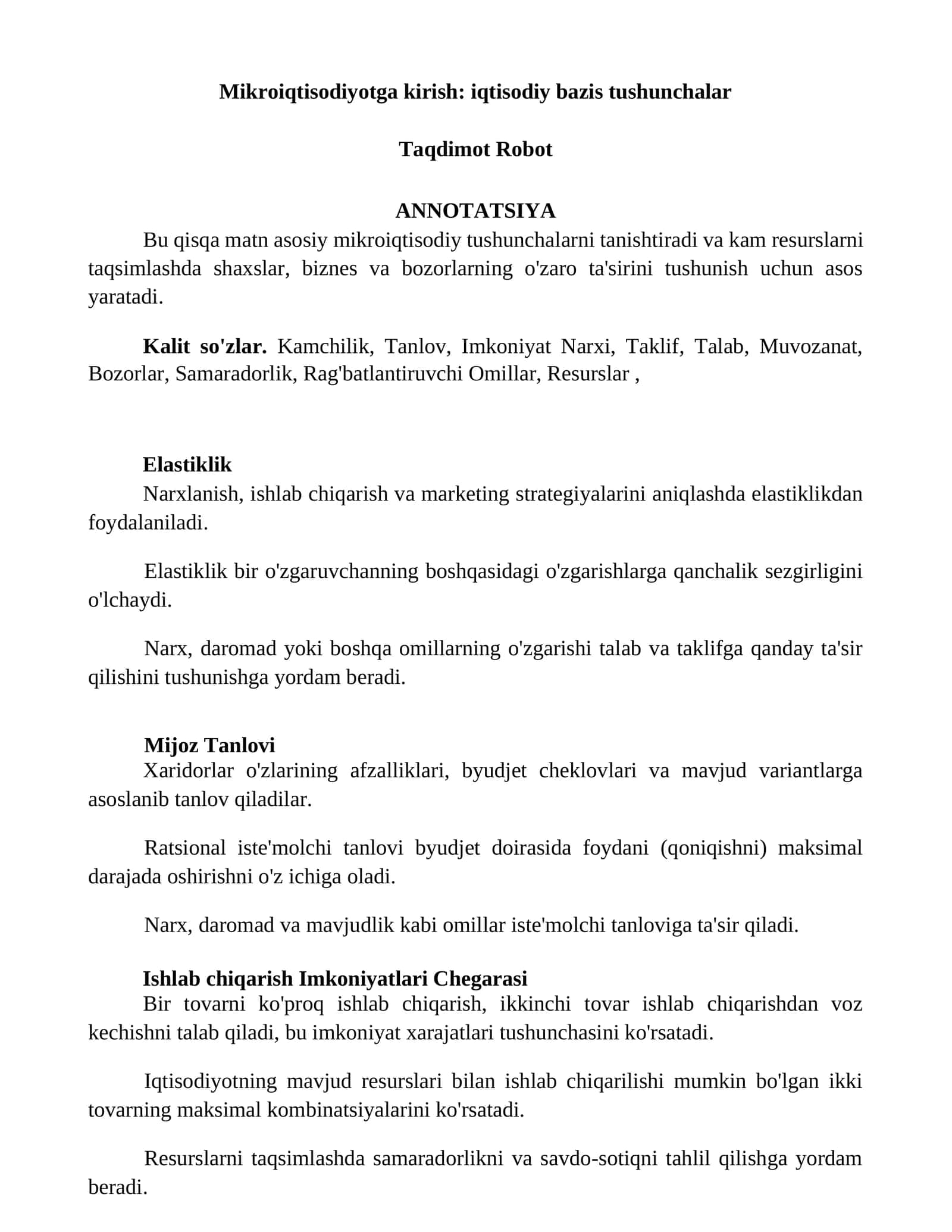 Mikroiqtisodiyotga kirish: iqtisodiy bazis tushunchalar