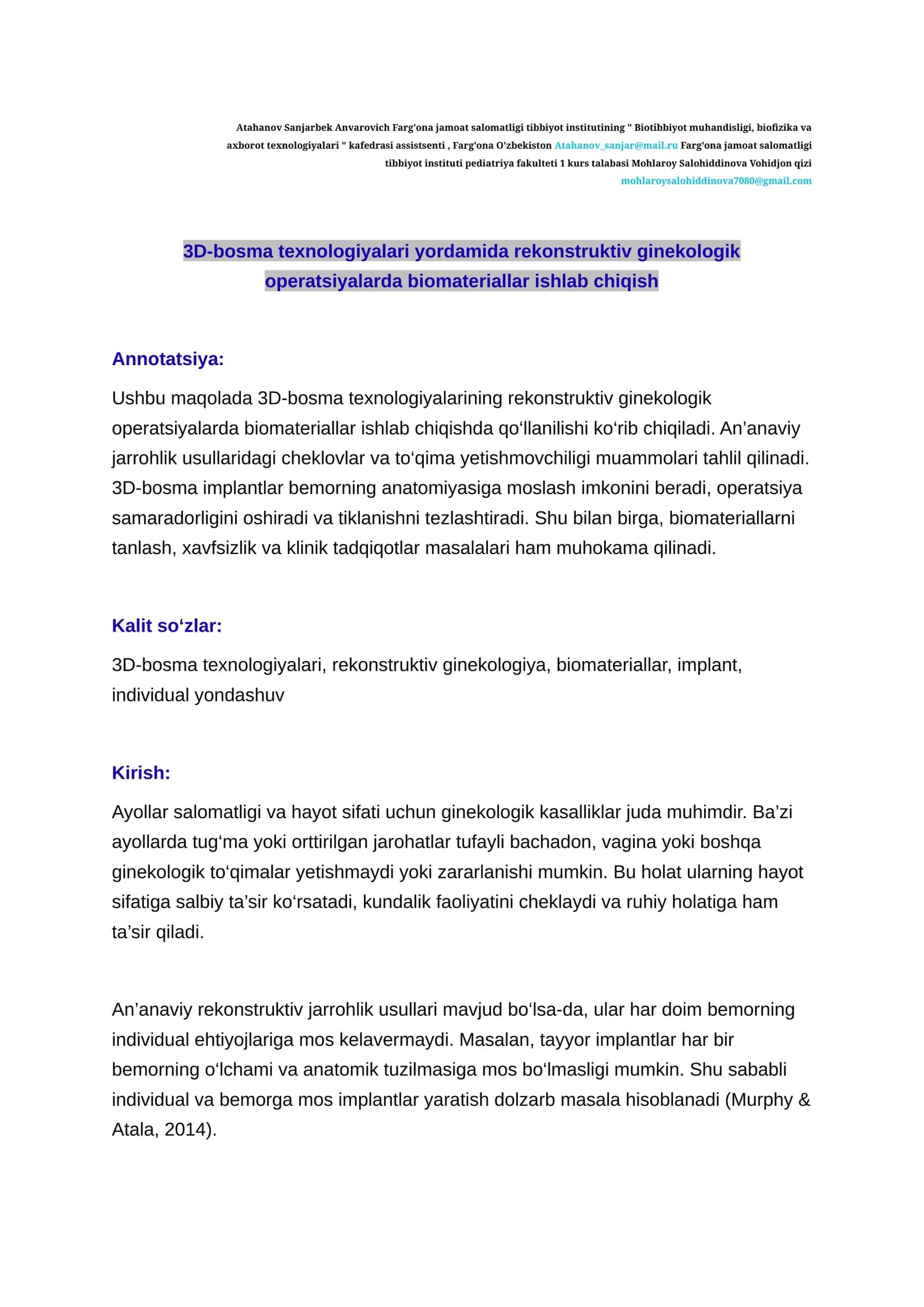 3D-bosma texnologiyalari yordamida rekonstruktiv ginekologik operatsiyalarda biomateriallar ishlab chiqish