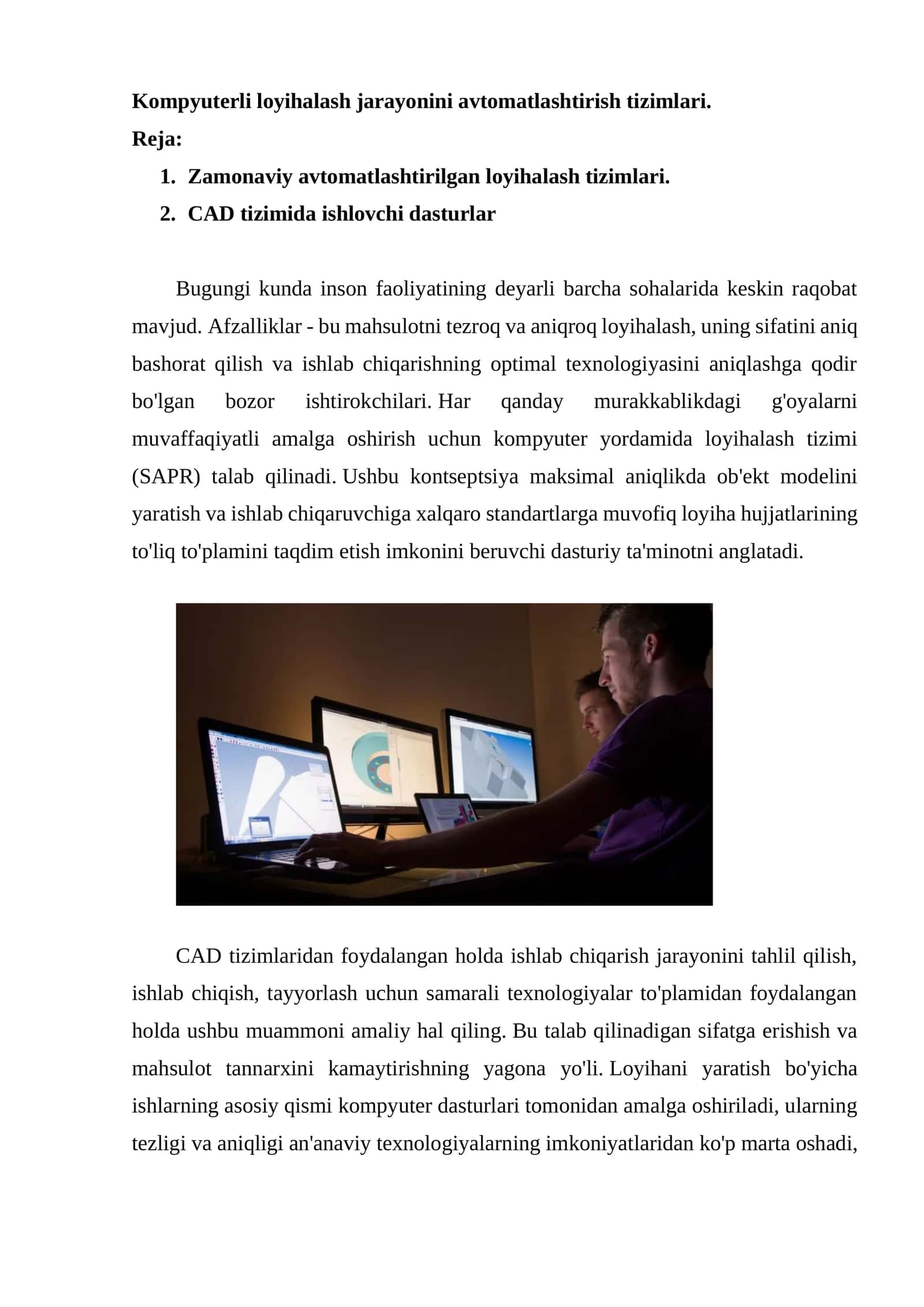 Zamonaviy avtomatlashtirilgan loyihalash tizimlari