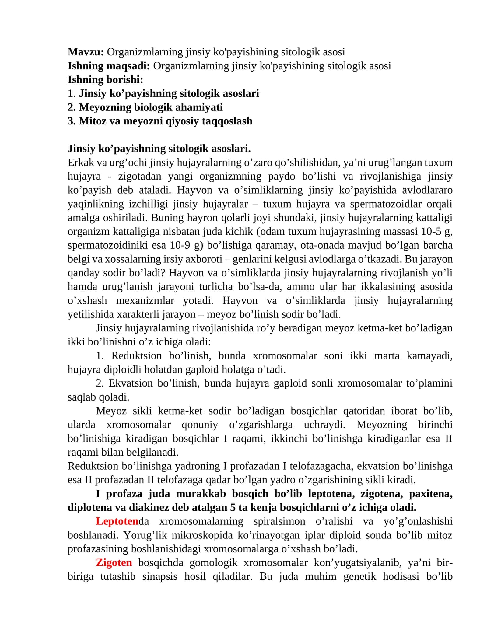 Organizmlarning jinsiy ko'payishining sitologik asosi